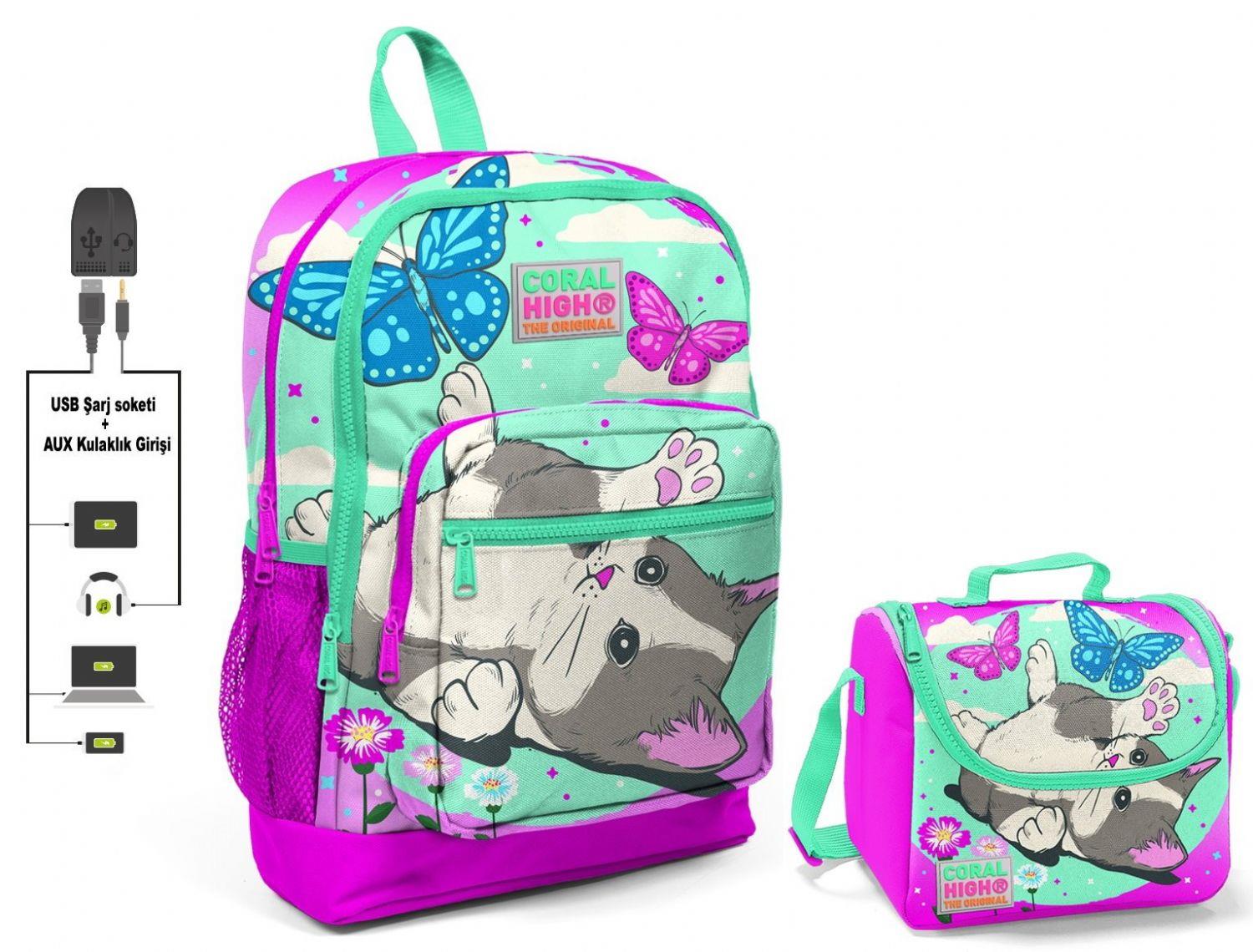 Coral High Sevimli Kedi ve Kelebek Okul Çantası ve Beslenme Çantası Seti - Kız - USB Soketli