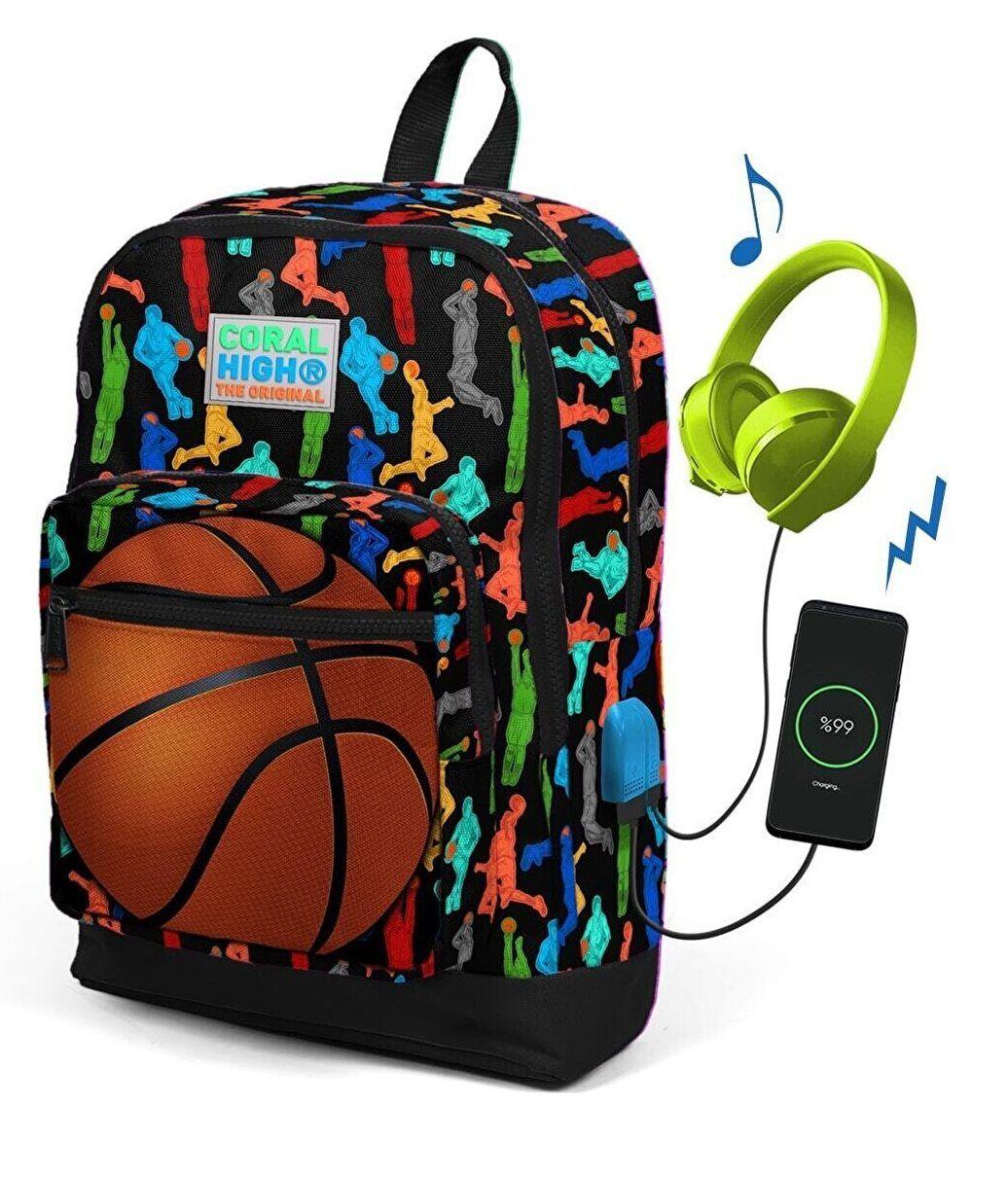 Coral High Siyah Basketbol Toplu Usb Şarjlı Kulaklık Çıkışlı Okul Sırt Çantası