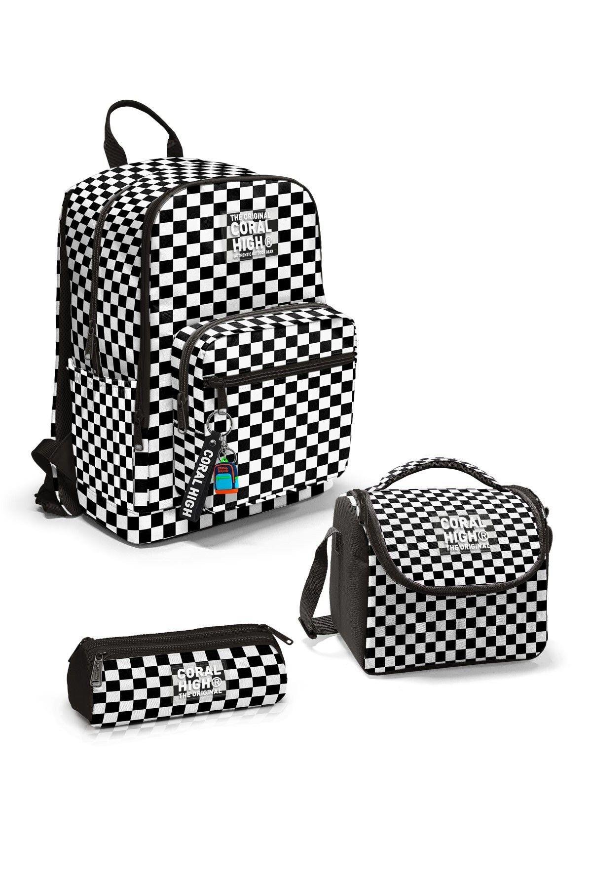 Coral High Siyah Beyaz Dama Desenli 3'lü Okul Çanta Seti SET0123677 - Kız