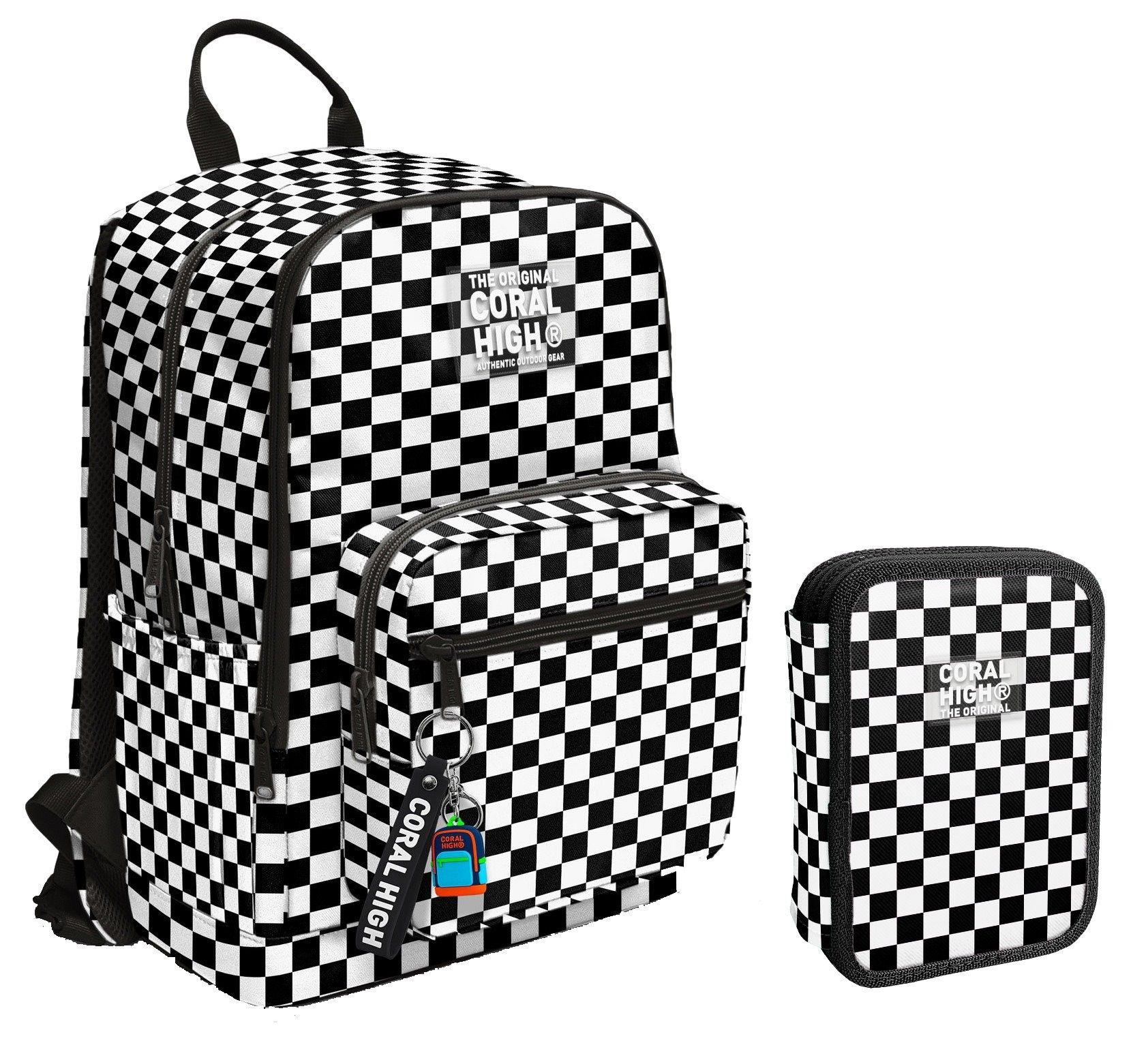 Coral High Siyah Beyaz Damalı Kız Çocuk Okul Çantası ve Organizer Kalemlik Seti - İlkokul ve Ortaokul