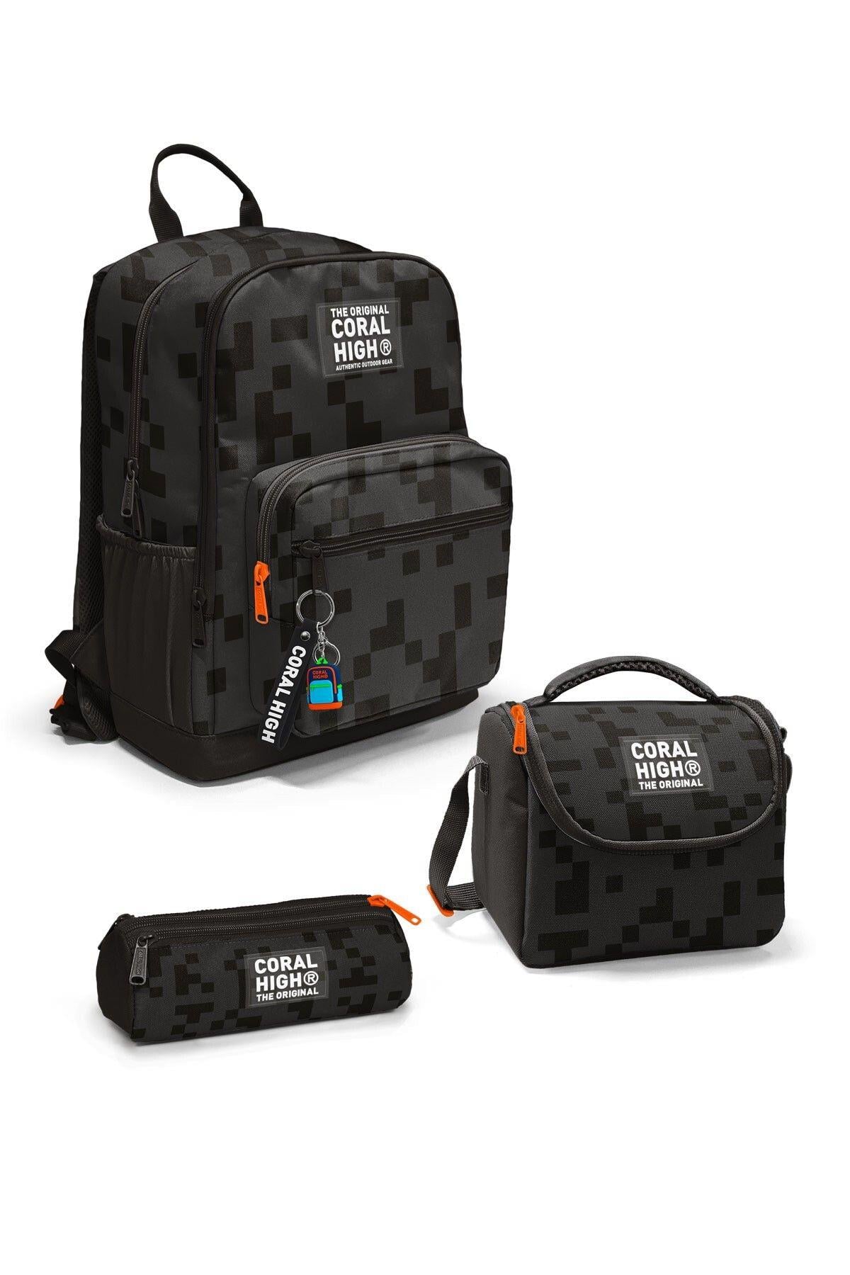 Coral High Siyah Blok Desenli 3'lü Okul Çanta Seti SET0123694 - Erkek