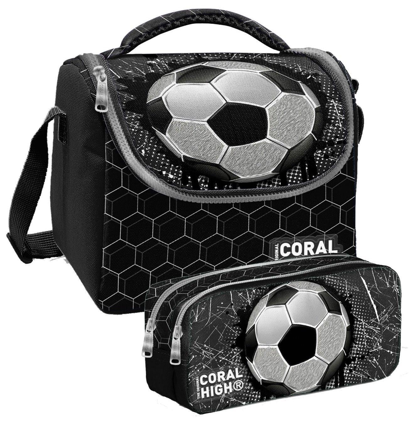 Coral High Siyah Futbol Desenli Erkek Çocuk Isı Yalıtımlı Beslenme Çantası ve Kalemlik Seti