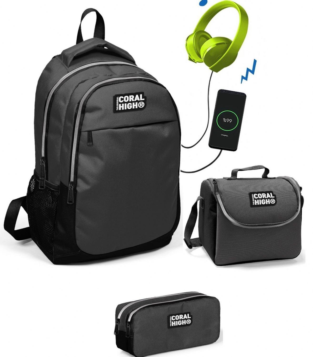 Coral High Siyah-Gri 3'lü Çanta Takımı - USB Soketli - Erkek Çocuk