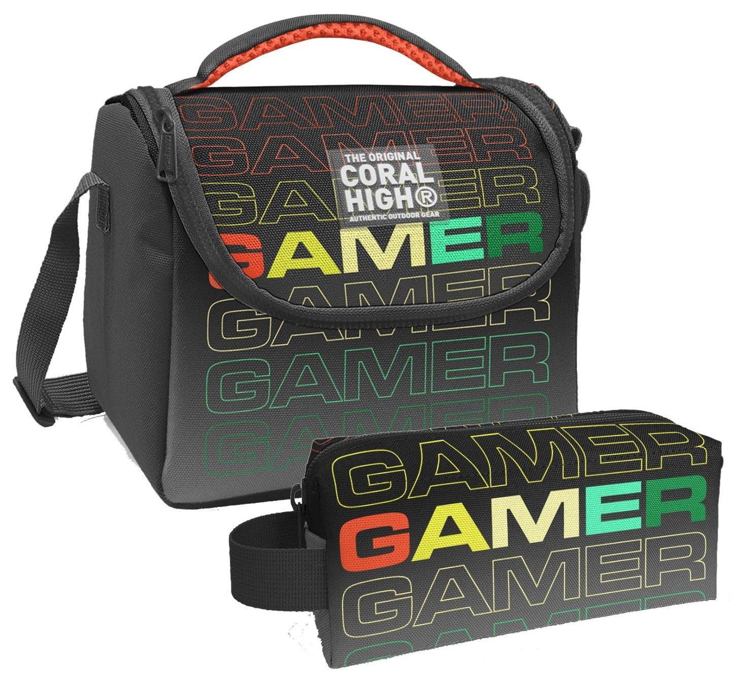Coral High Siyah Gri Gamer Desenli Erkek Çocuk Isı Yalıtımlı Beslenme Çantası ve Kalemlik Seti
