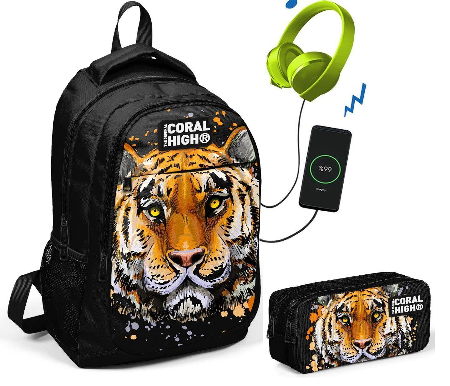 Coral High Siyah Kaplan Baskılı İlkokul Çantası ve Kalemlik Seti - USB Soketli