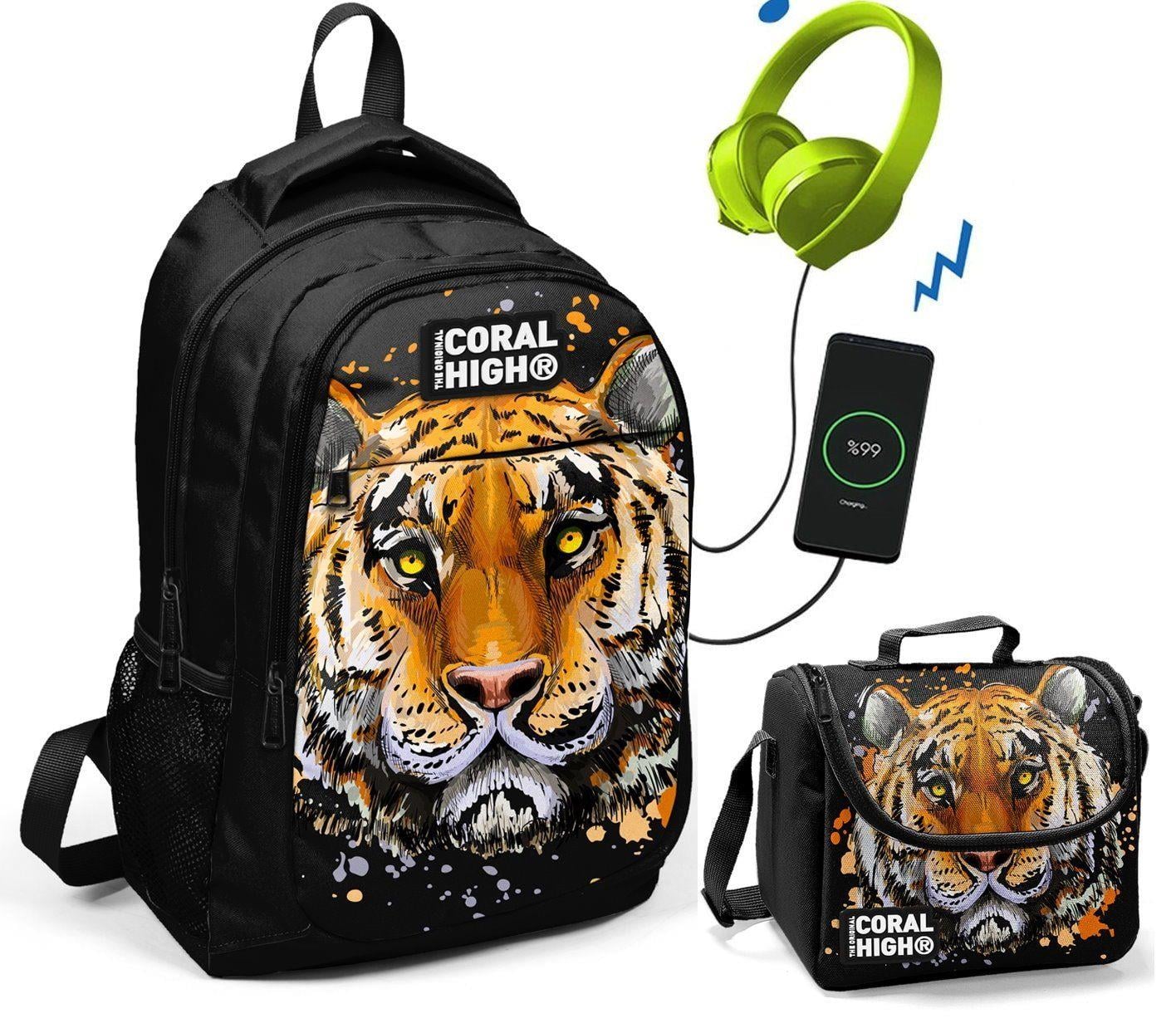 Coral High Siyah Kaplan Baskılı Okul ve Beslenme Çantası - Erkek Çocuk  - USB Soketli