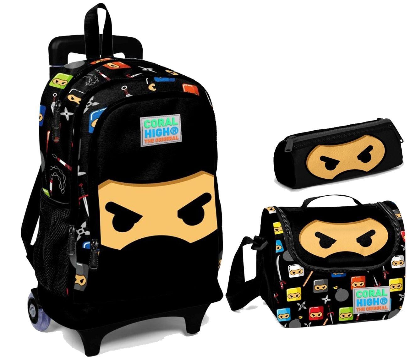 Coral High Siyah Ninja Desenli Çekçek Tekerlekli Okul Çanta Seti