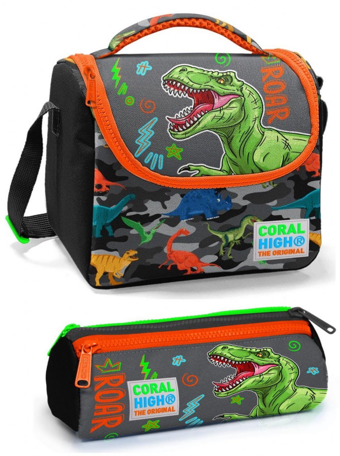 Coral High Siyah Turuncu Yeşil Dinazor Baskılı Erkek Beslenme Çantası Seti