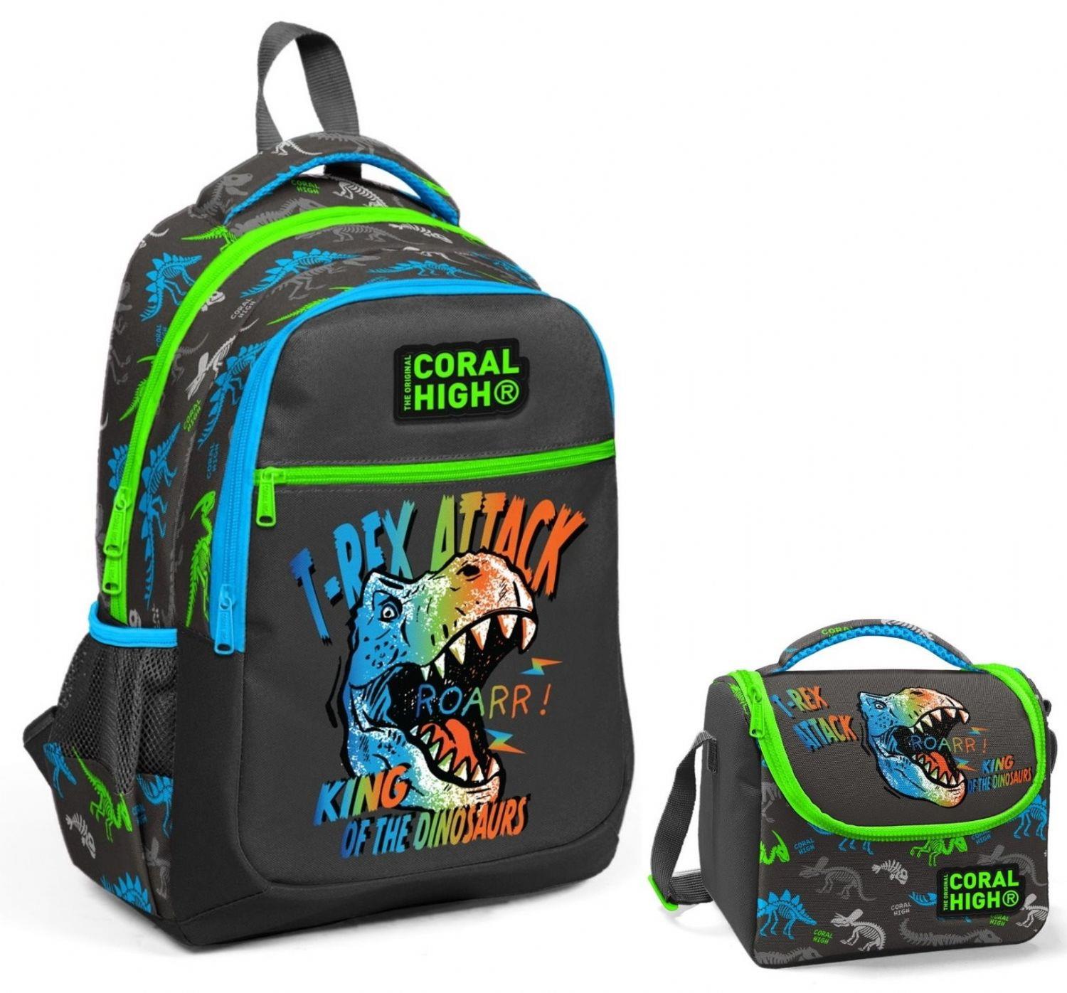 Coral High Siyah Yeşil T-Rex  İlkokul Okul Sırt ve Beslenme Çantası Seti - Erkek Çocuk