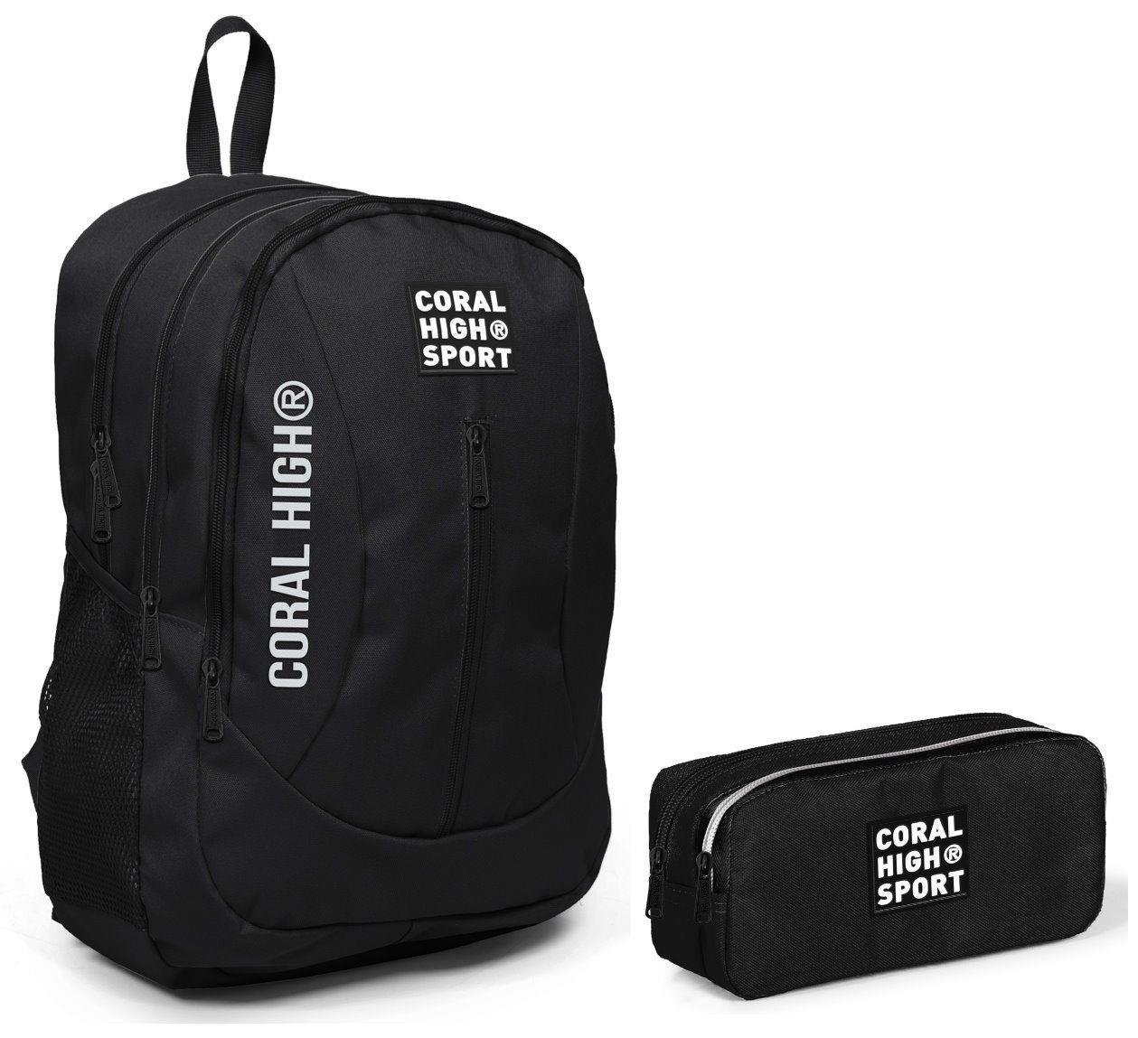 Coral High Sport Siyah Okul Çantası ve Kalemlik Seti - Dört Bölmeli - USB Çıkışlı