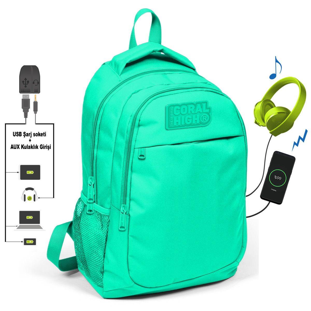 Coral High Su Yeşili İlk ve Ortaokul Sırt Çantası - USB ve AUX Çıkışlı