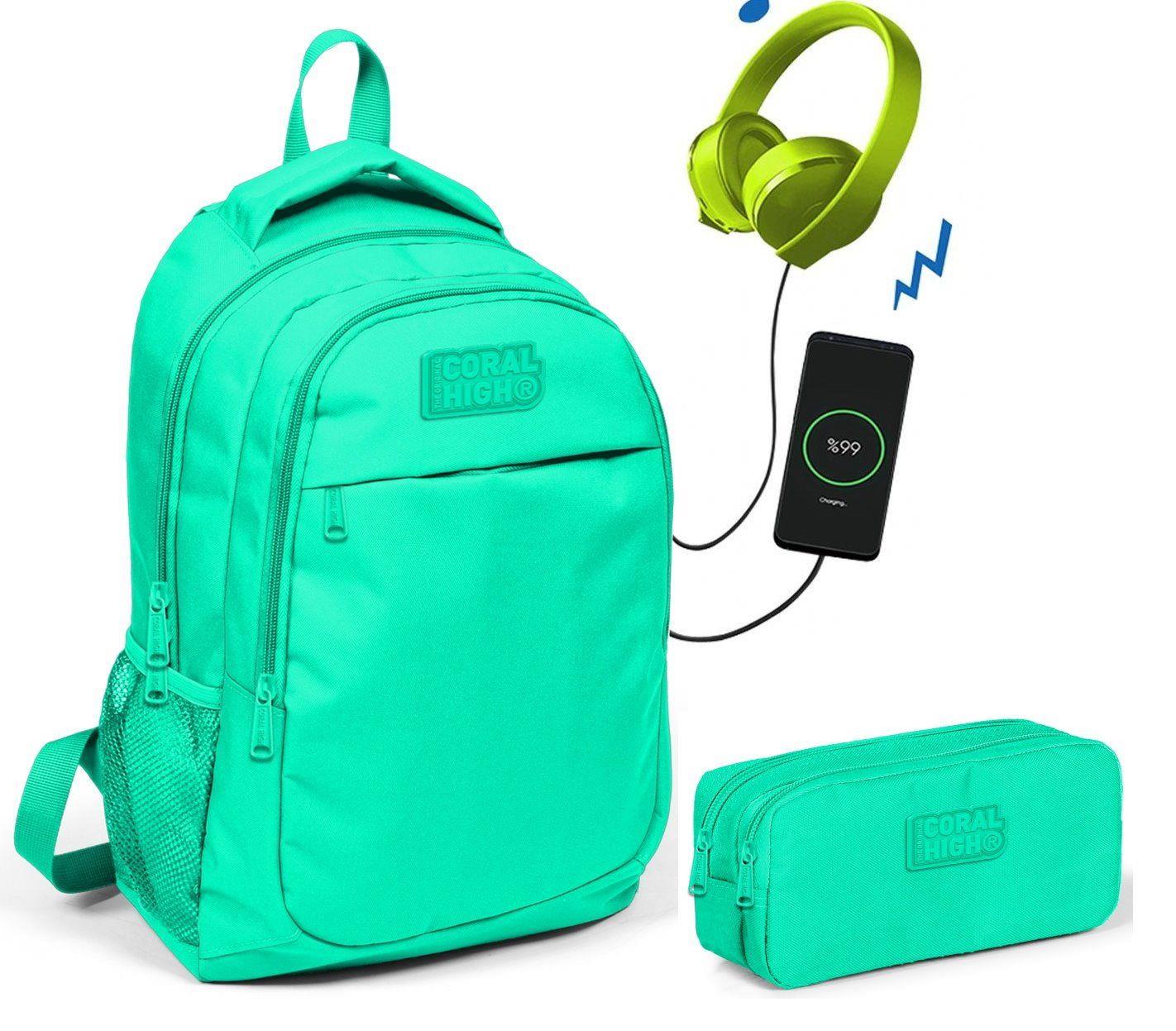 Coral High Su Yeşili İlkokul Çantası ve Kalemlik Seti - USB Soketli