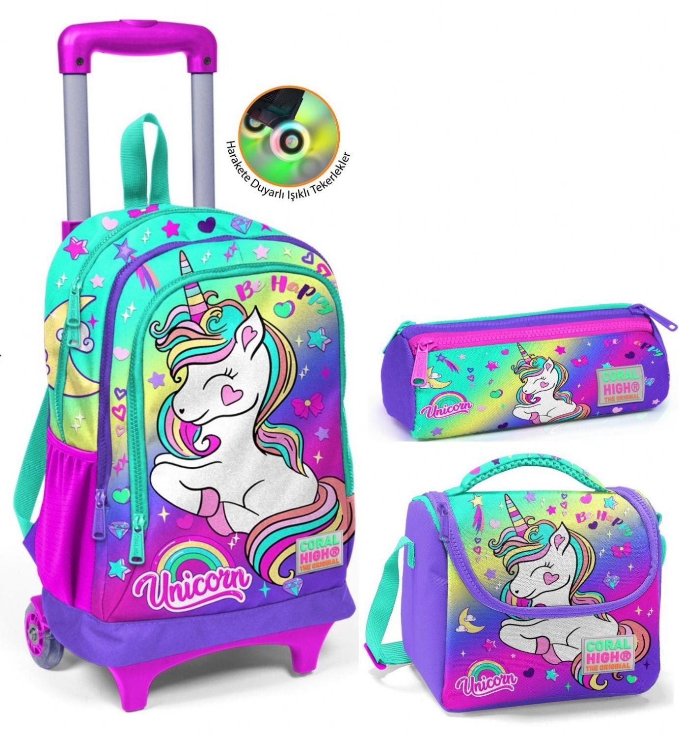Coral High Su Yeşili Lavanta Unicorn Çekçek Okul Çantası Seti - Işıklı Tekerlekler - Kız Çocuk