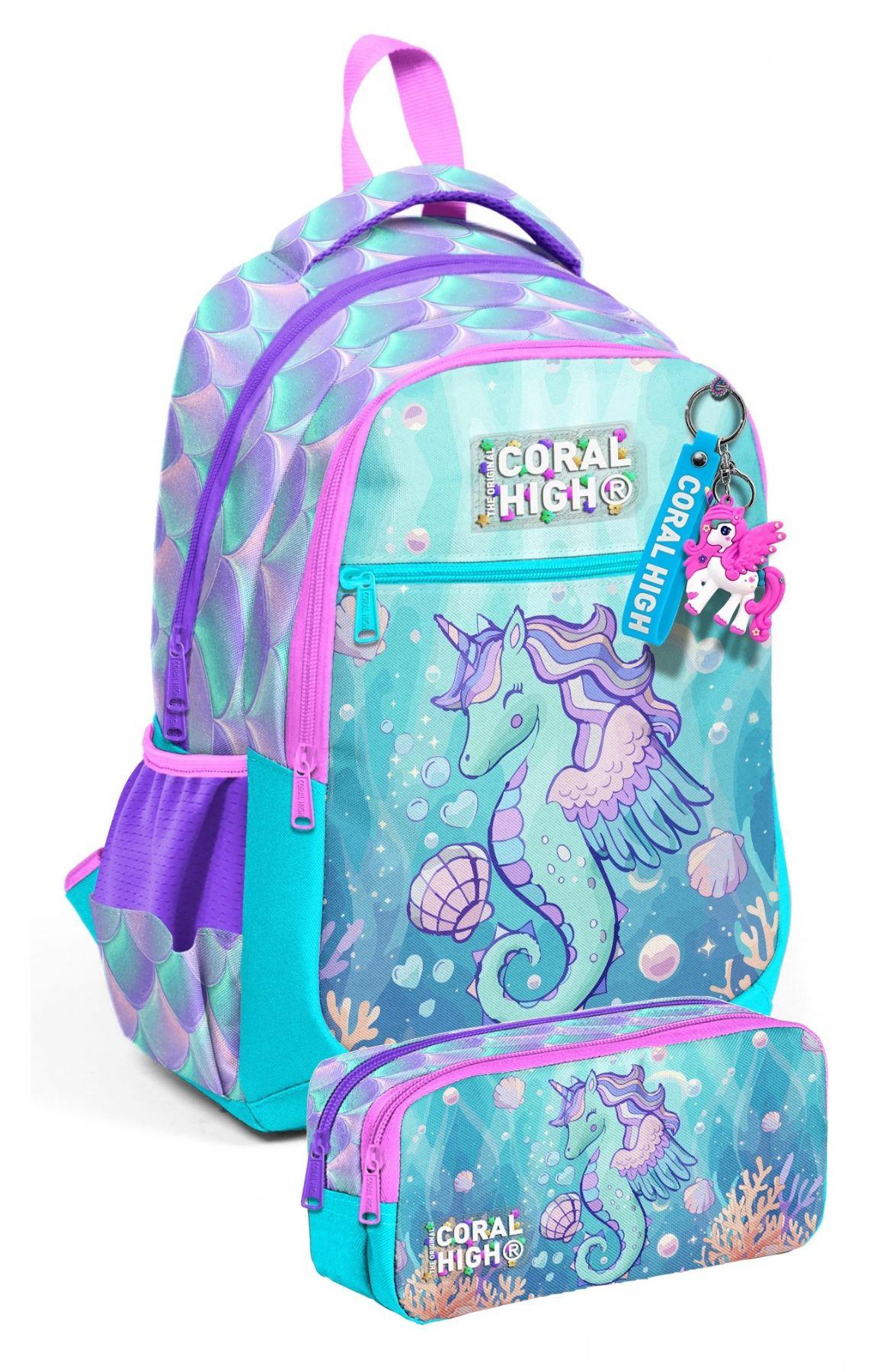 Coral High Su Yeşili Unicorn Baskılı Kız Çocuk İlkokul Sırt Çantası ve Kalem Çantası Seti - SETYGN33256C