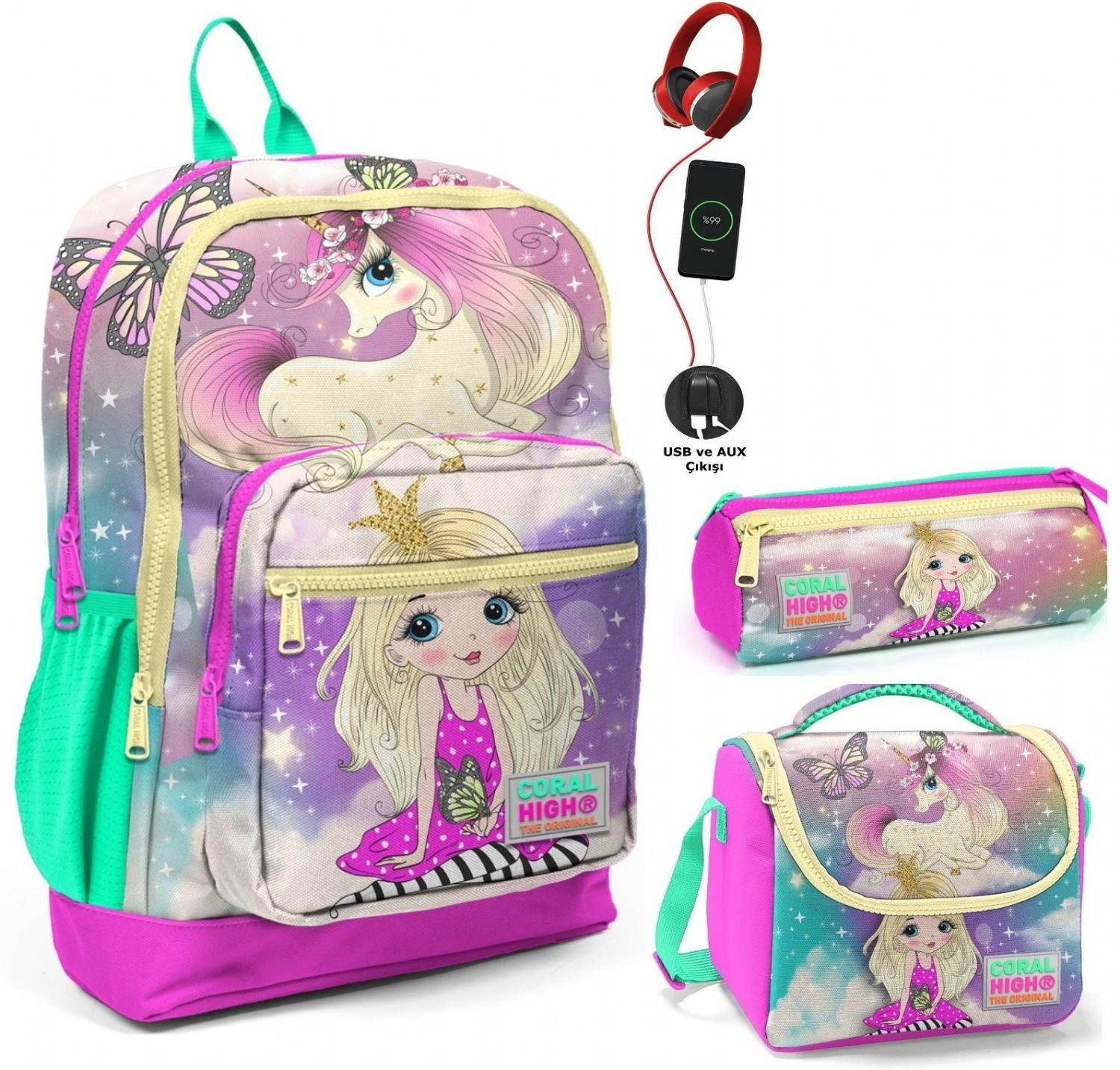 Coral High Su Yeşili Unicorn USB Soketli Üçlü İlkokul Çanta Seti - Kız