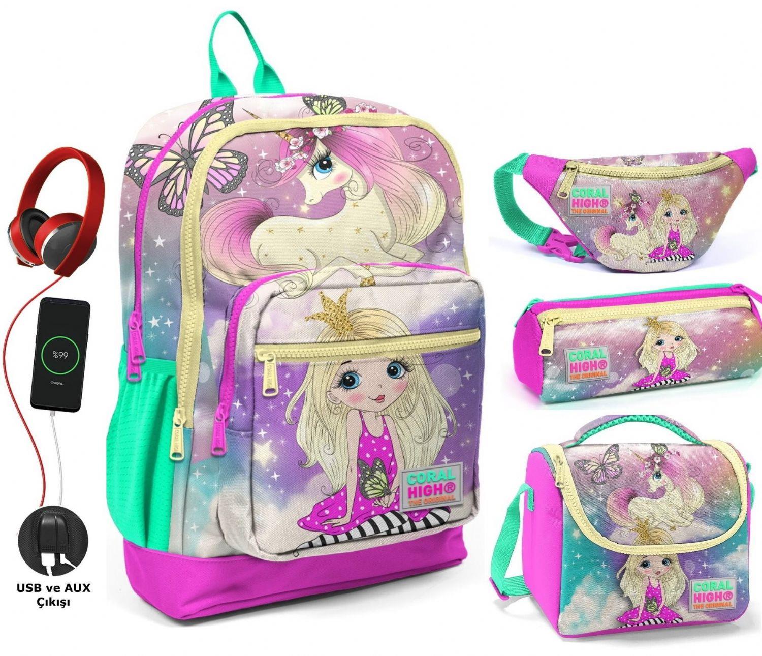 Coral High Su Yeşili Unicorn USB Soketli Okul Çanta Seti ve Bel Çantası - Kız Çocuk