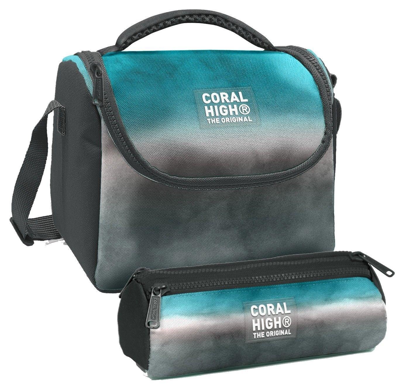 Coral High Turkuaz Gri Batik Desenli Erkek Çocuk Isı Yalıtımlı Beslenme Çantası ve Kalemlik Seti