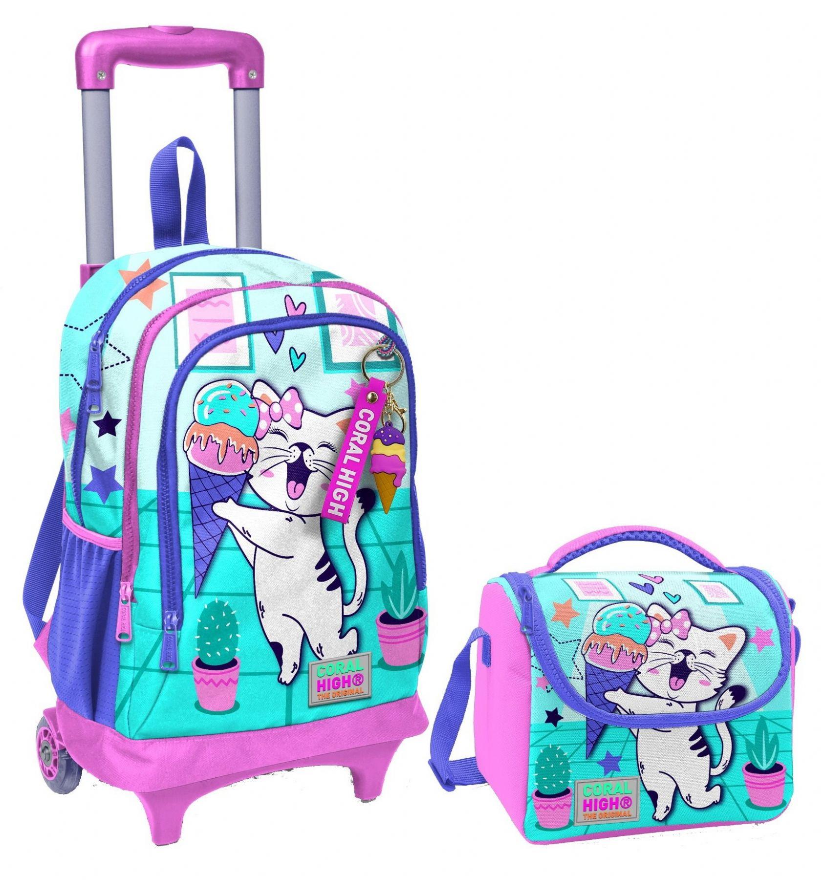 Coral High Turkuaz Pembe Dondurmalı Kedi Işıklı Tekerlekli Okul Çantası ve Beslenme Seti - Kız Çocuk