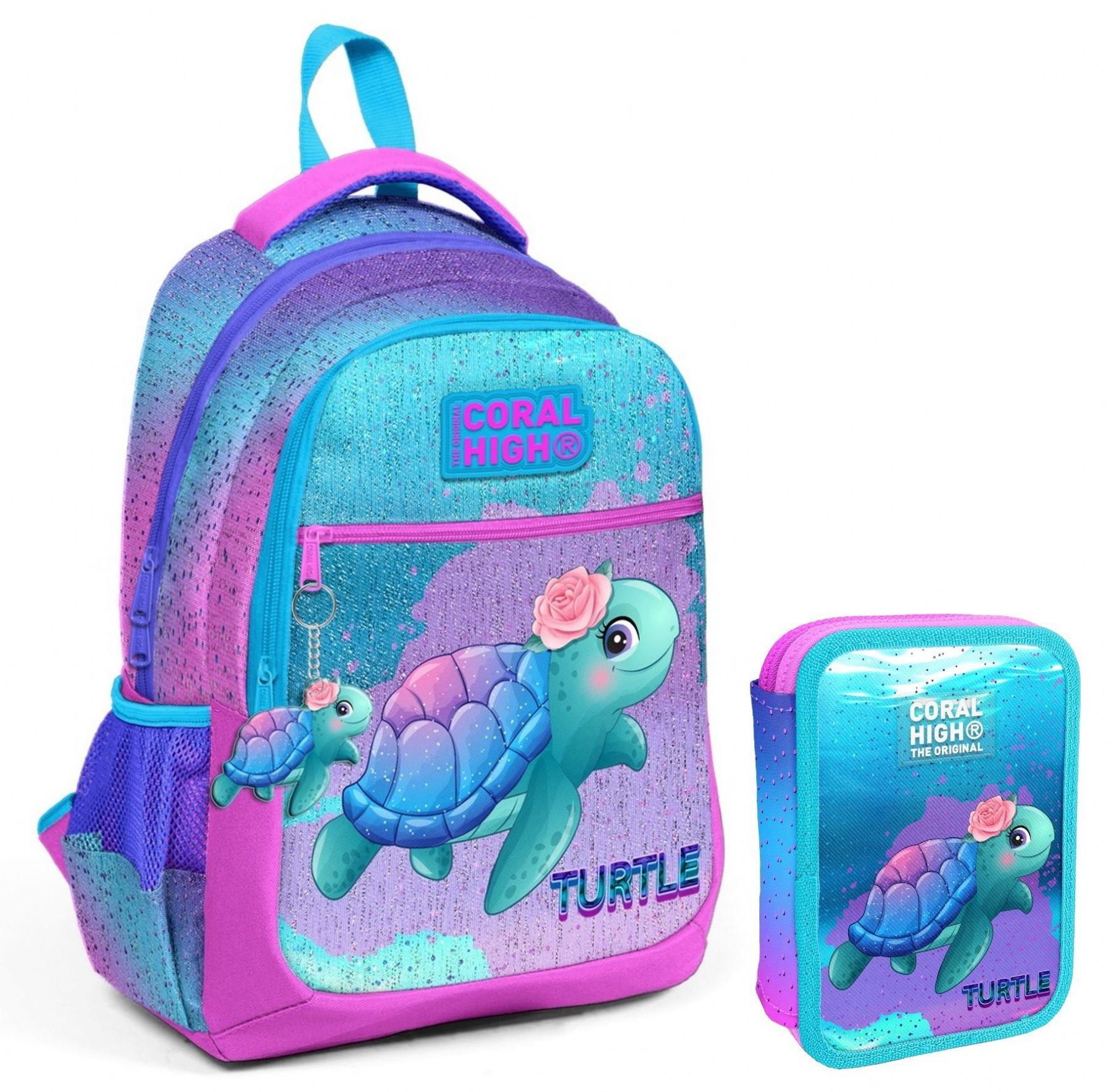 Coral High Turkuaz Pembe Kaplumbağa Kız Çocuk Okul Çantası ve Organizer Kalemlik Seti 23497+11134