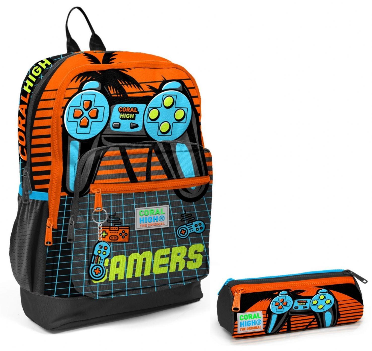 Coral High Turuncu Gamers İlkokul Sırt Çantası ve Kalemlik Seti - Erkek Çocuk