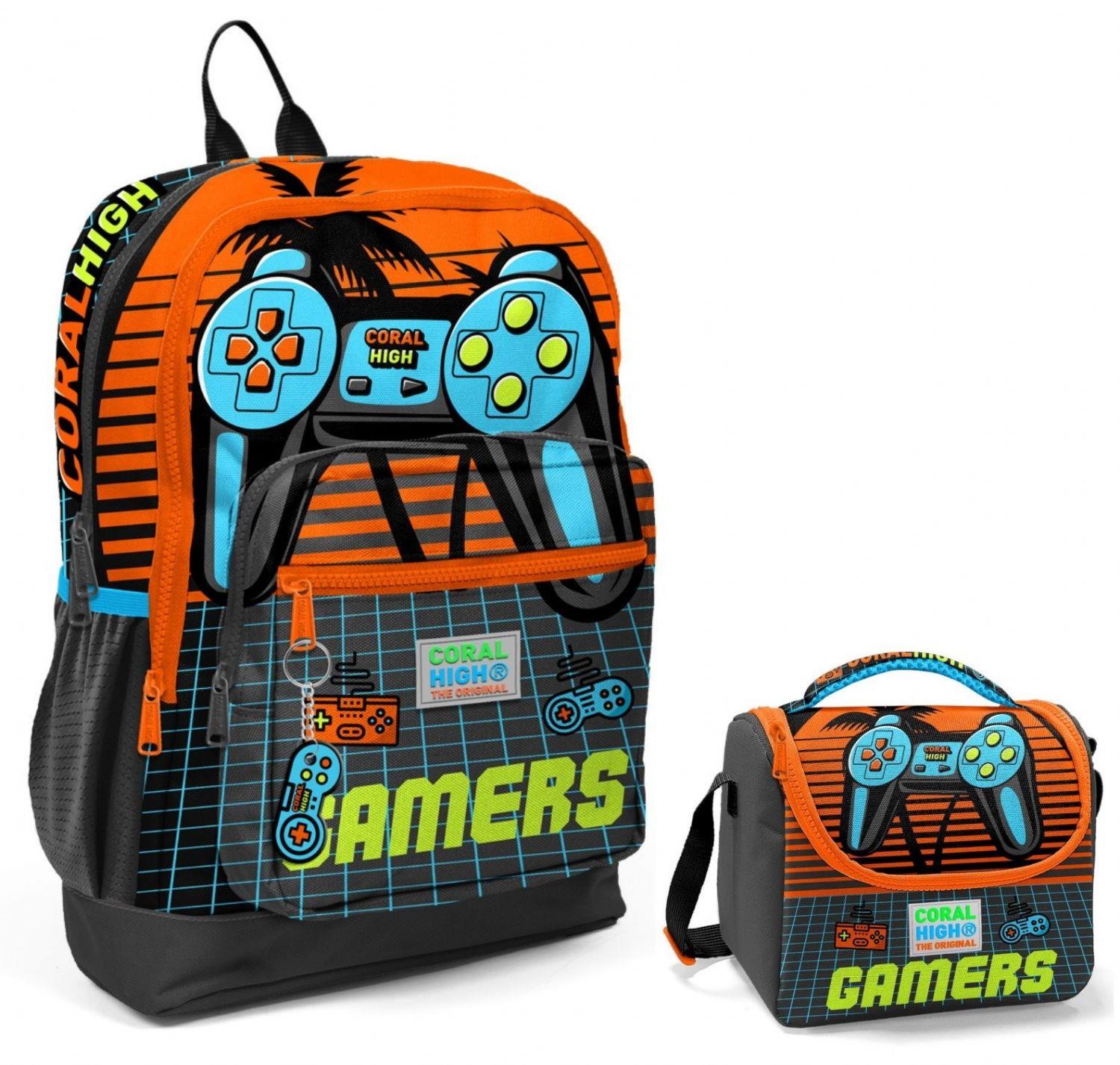 Coral High Turuncu Gamers Okul Sırt ve Beslenme Çantası Seti - Erkek Çocuk