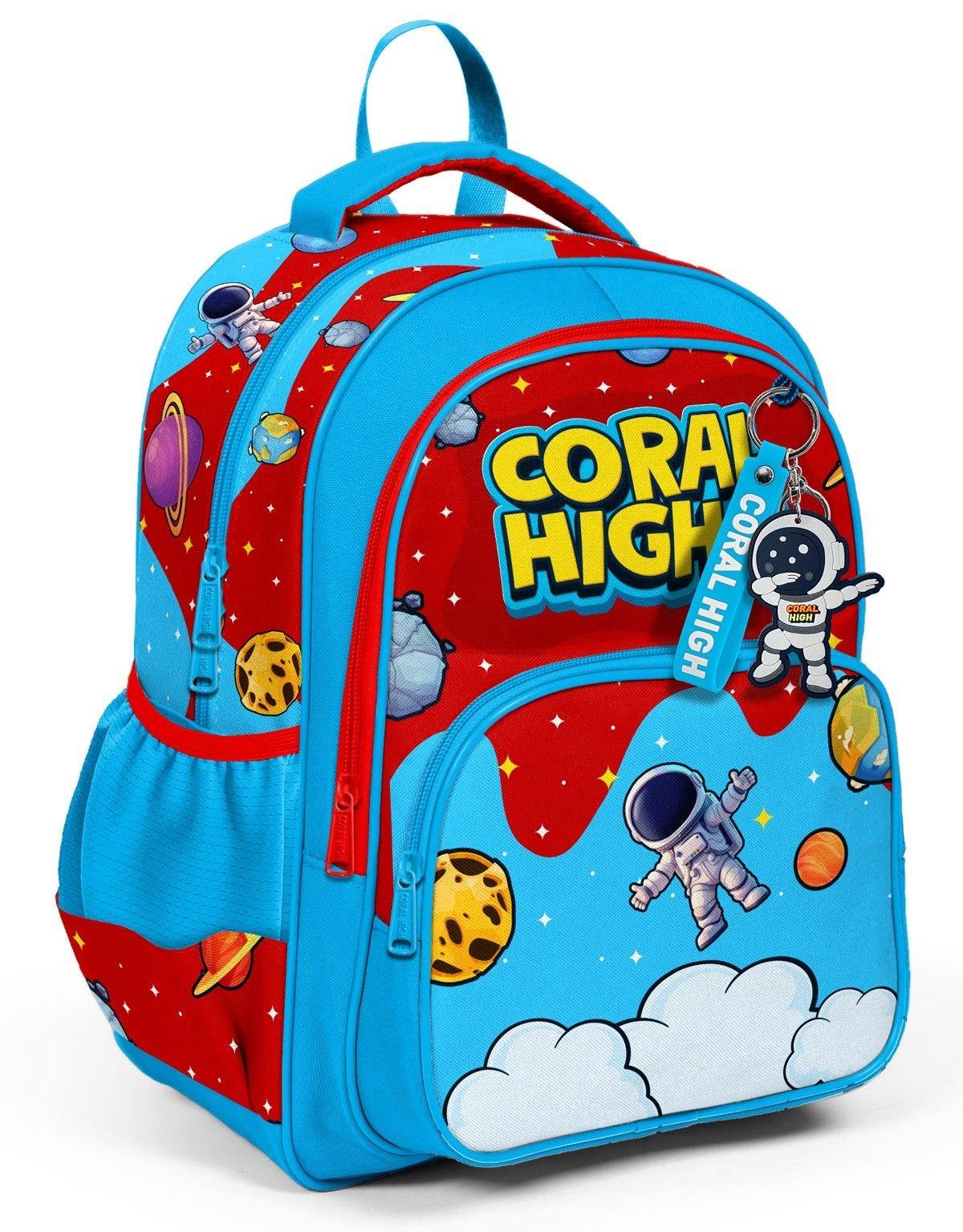 Coral High Üç Bölmeli İlkokul Okul Çantası - Erkek Çocuk - Kırmızı Mavi Astronot Baskılı - 33245