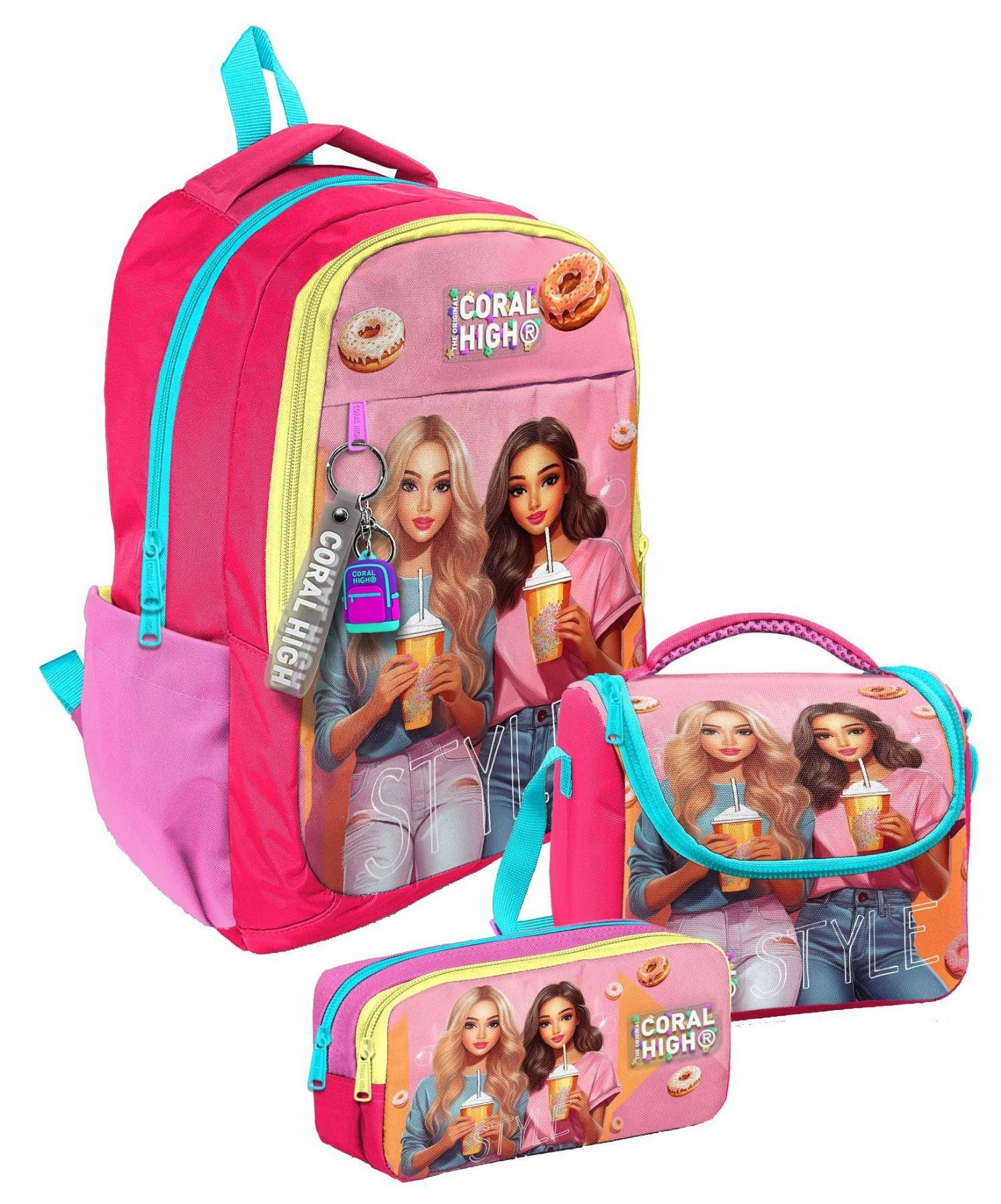 Coral High Üç Bölmeli Kız Çocuk, Pembe Kırmızı Fashion Girl, İlkokul ve Ortaokul Üçlü Okul Çanta Seti