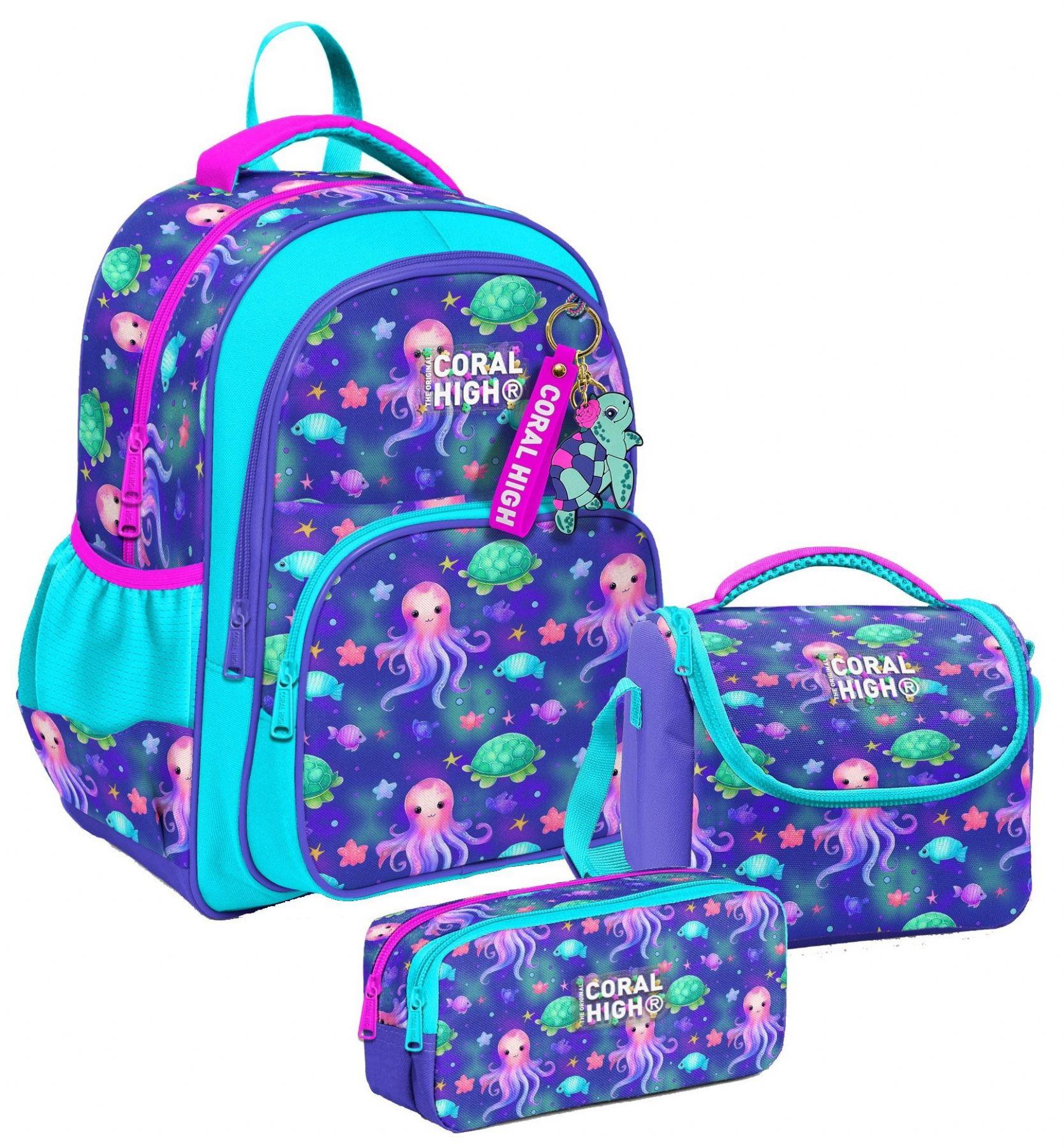 Coral High Üç Bölmeli Lavanta Turkuaz Deniz Anası, Kız Çocuk, İlkokul Üçlü Okul Çanta Seti