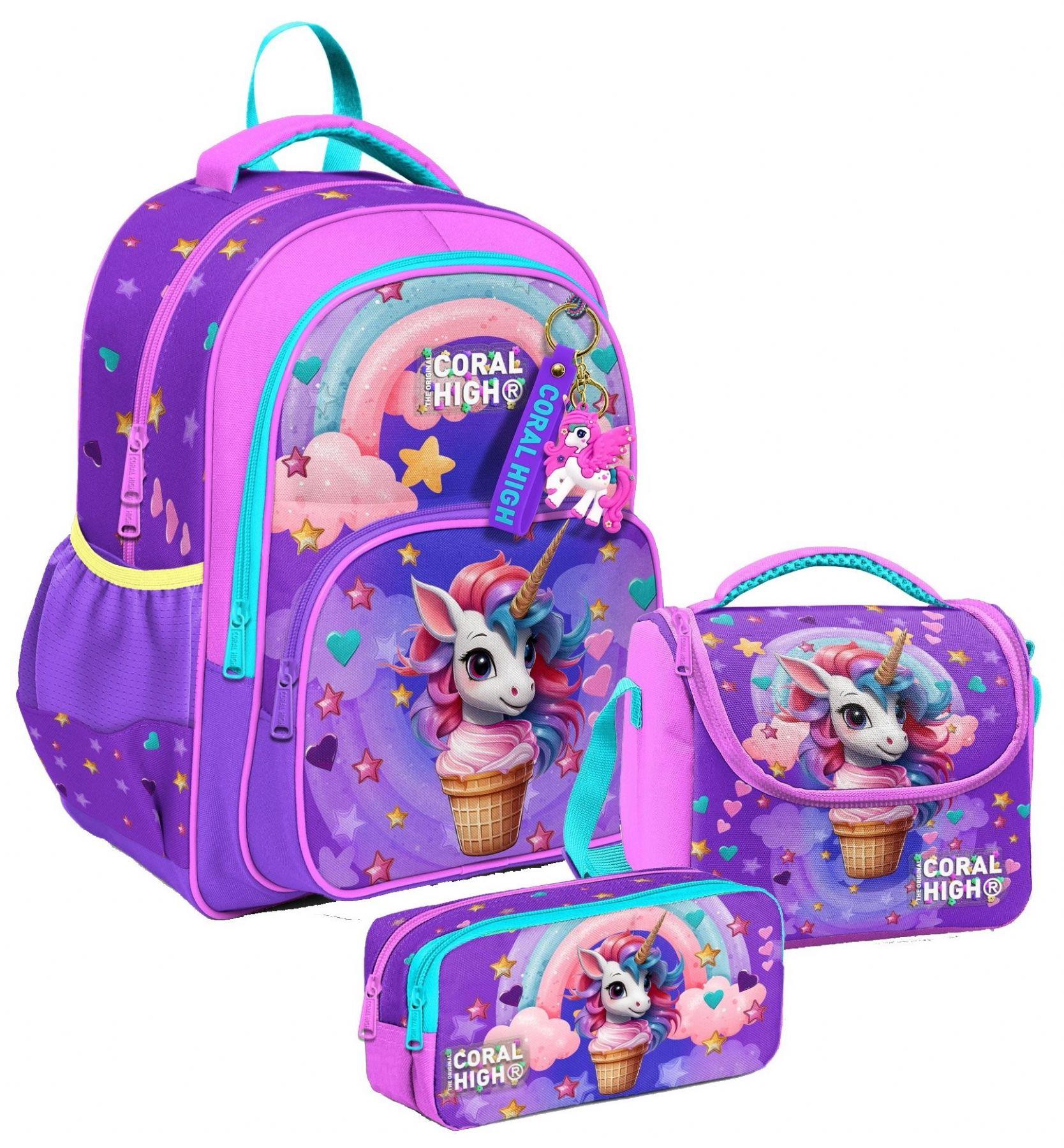 Coral High Üç Bölmeli Mor Pembe Dondurma Unicorn, Kız Çocuk, İlkokul Üçlü Okul Çanta Seti