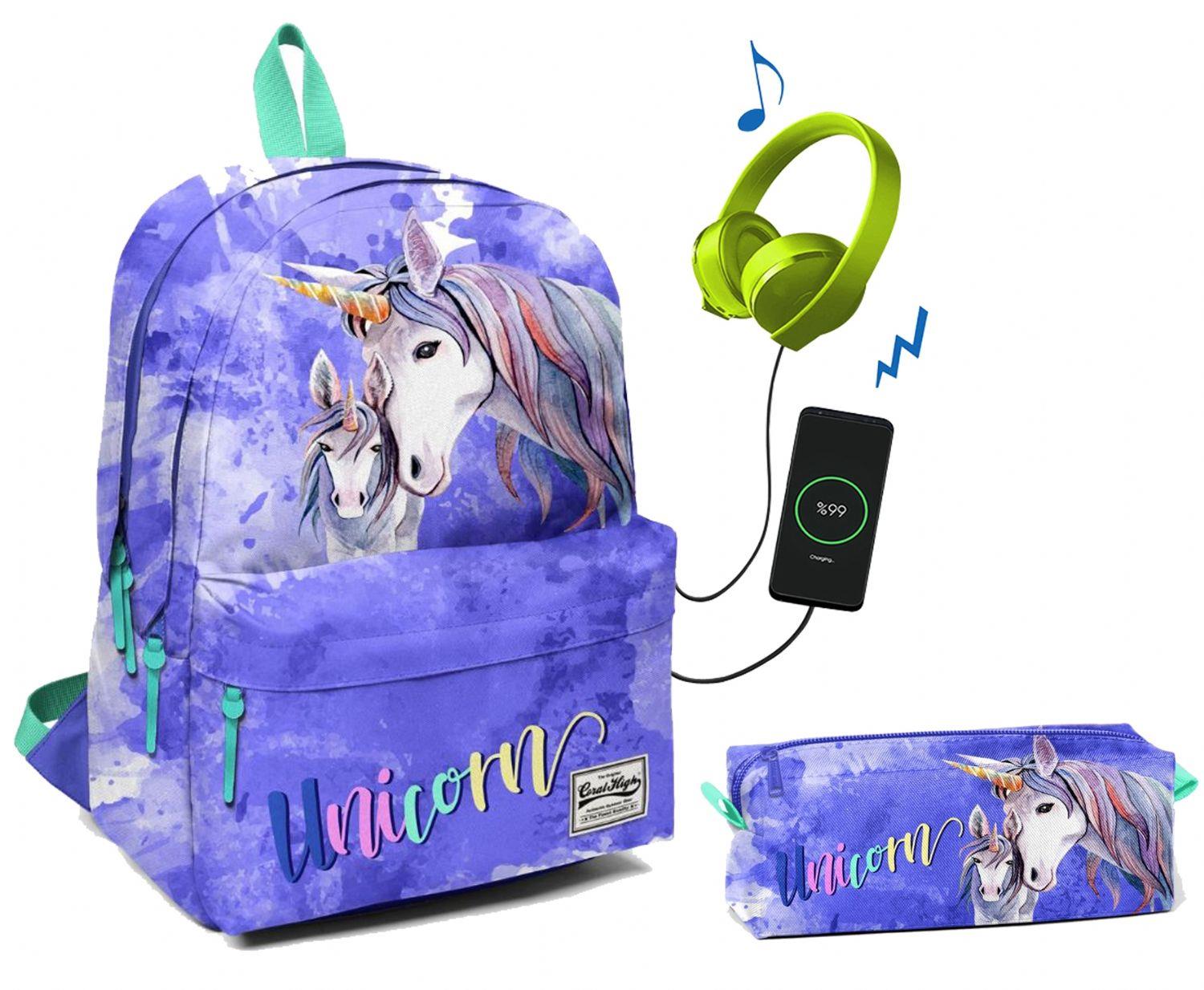 Coral High Üç Bölmeli Ortaokul ve Lise Okul Çantası Seti - Mavi Unicorn