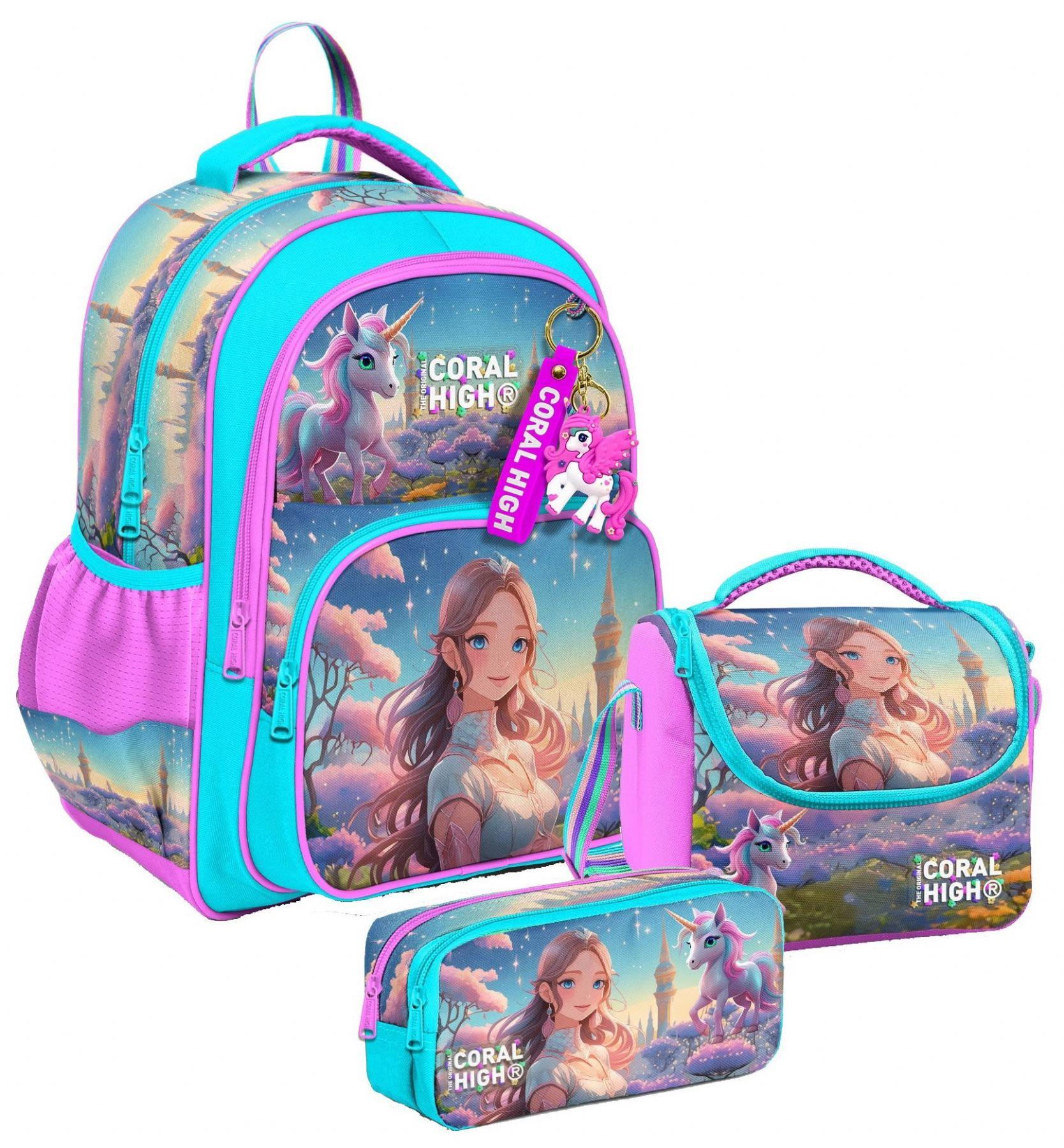 Coral High Üç Bölmeli Turkuaz Pembe Anime Kız, Kız Çocuk, İlkokul Üçlü Okul Çanta Seti