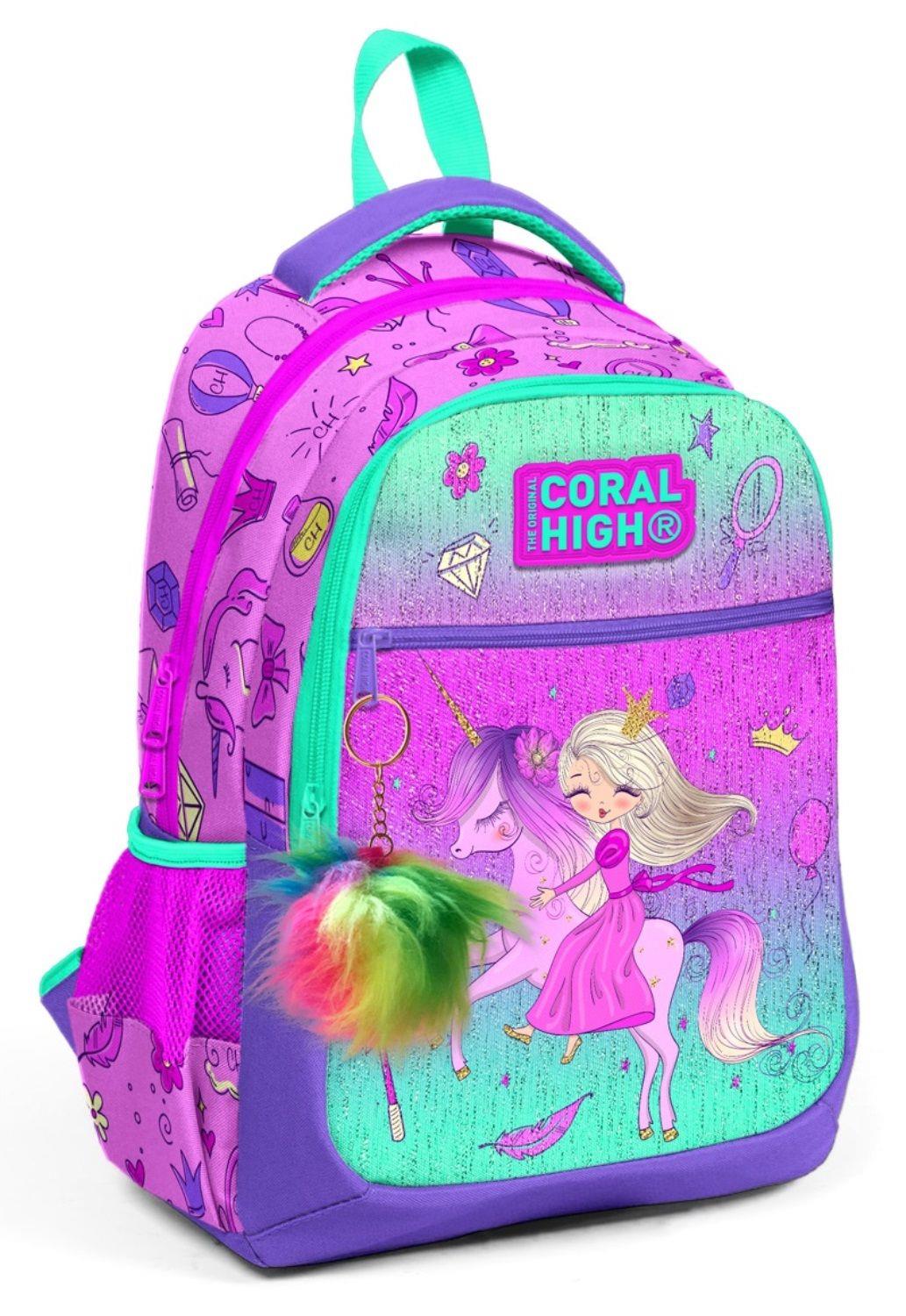 Coral High Üç Gözlü   İlk ve Orta Okul Çantası - Pembe Yeşil Unicorn ve Prenses
