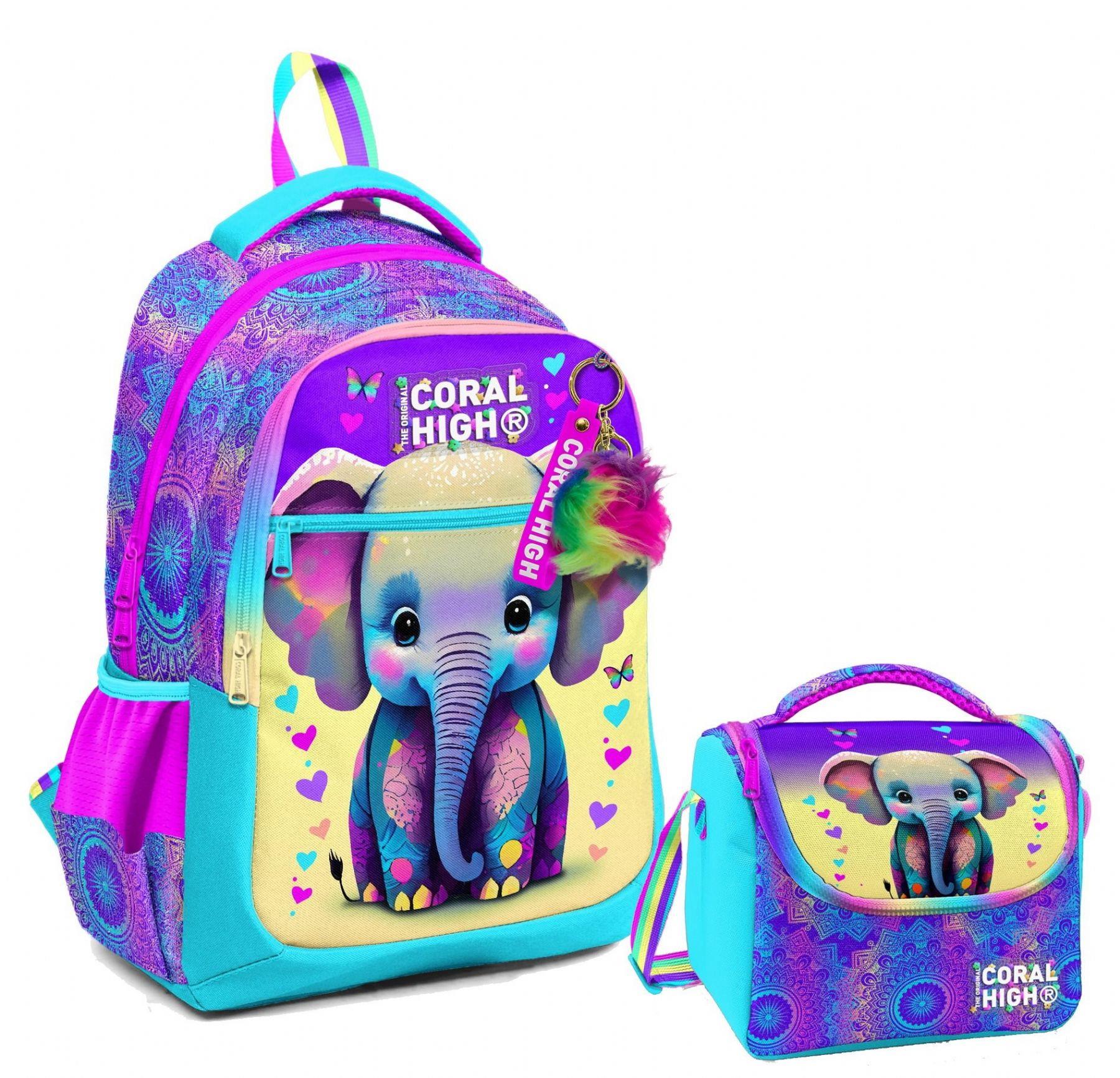 Coral High Üç Gözlü İlkokul Çantası ve Beslenme Çantası - Pembe Turkuaz Fil Desenli - Kız Çocuk