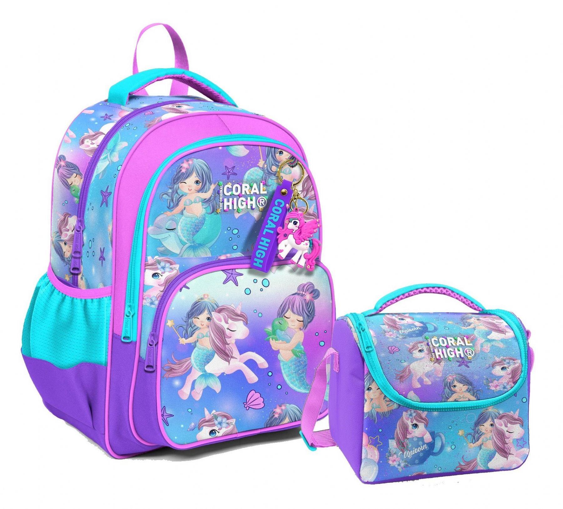 Coral High Üç Gözlü İlkokul Çantası ve Beslenme Çantası - Mor Pembe Unicorn Desenli - Kız Çocuk