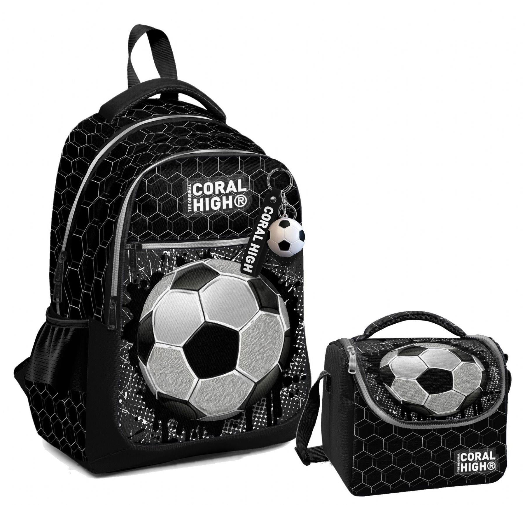 Coral High Üç Gözlü İlkokul Çantası ve Beslenme Çantası - Siyah Futbol Desenli - Erkek Çocuk