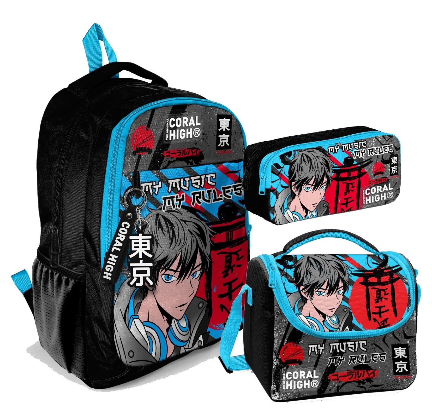 Coral High Üç Gözlü İlkokul ve Ortaokul Çanta Seti - Erkek Çocuk - Siyah Mavi Anime Desenli