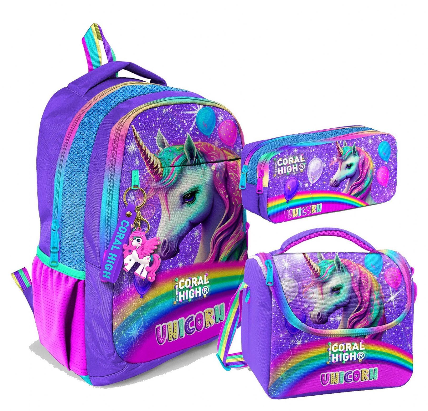 Coral High Üç Gözlü İlkokul ve Ortaokul Çanta Seti - Kız Çocuk - Mor Simli Unicorn Desenli