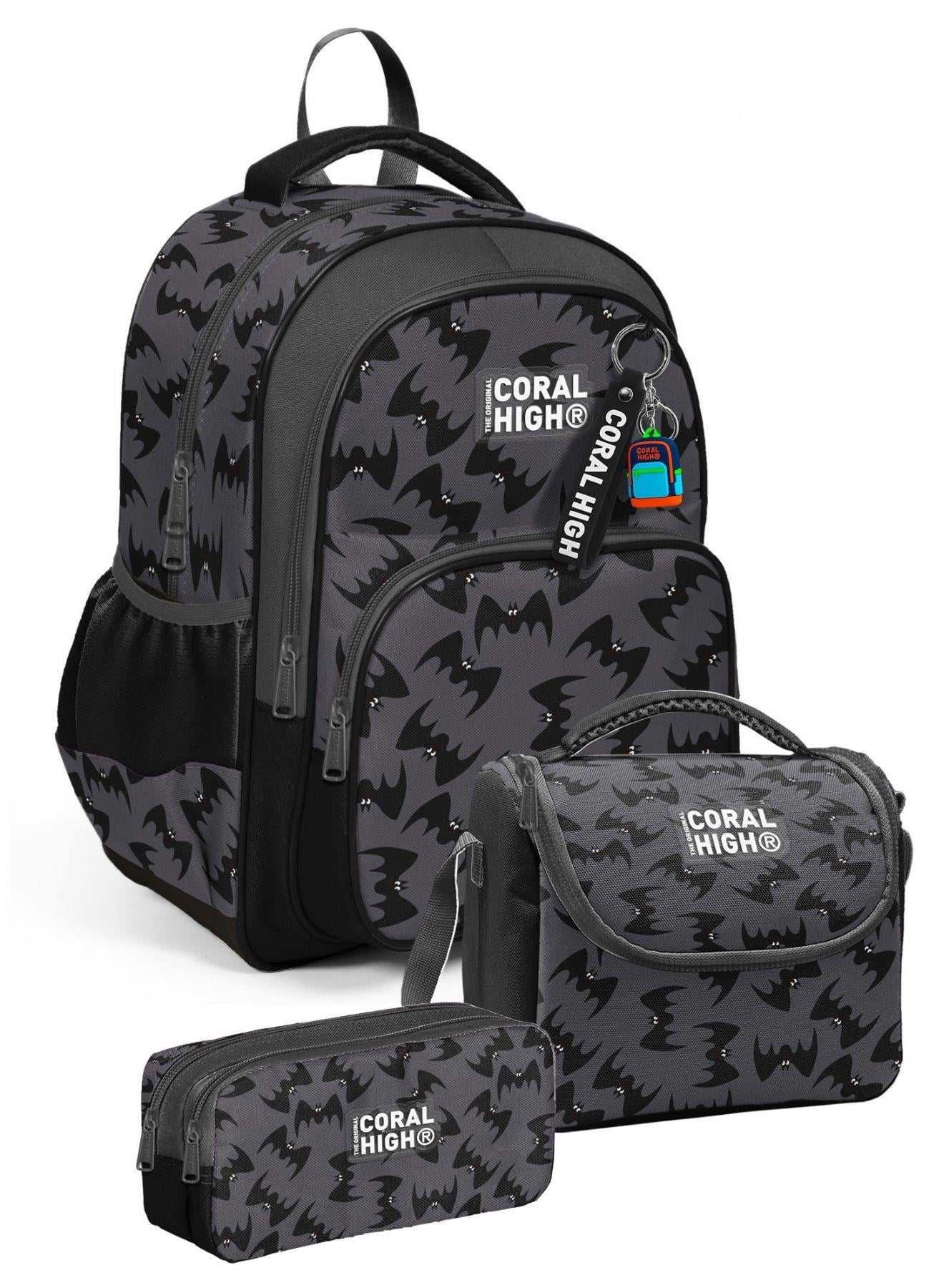 Coral High Üçlü Erkek Çocuk İlkokul Okul Çantası Seti (Siyah Yarasa Desenli) SETYGN33244A