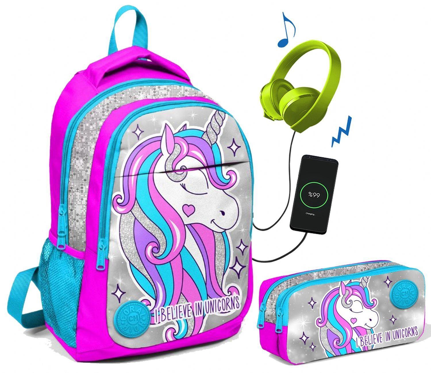 Coral High Unicorn İlkokul Çantası ve Kalemlik Seti - USB Çıkışlı