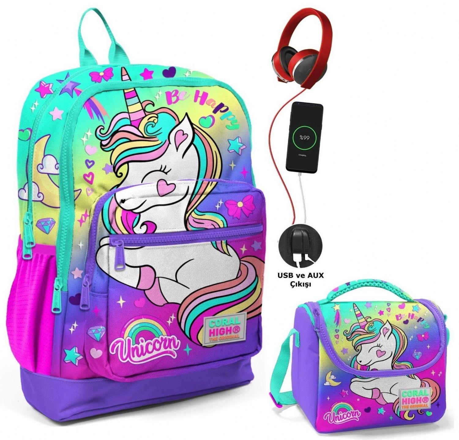 Coral High Unicorn Okul ve Beslenme Çantası Seti - Usb Soketli - Kız