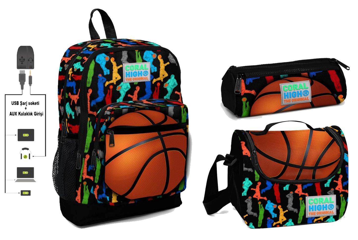 Coral High USB ve AUX Çıkışlı Okul Çanta Seti - Basketbol Baskılı