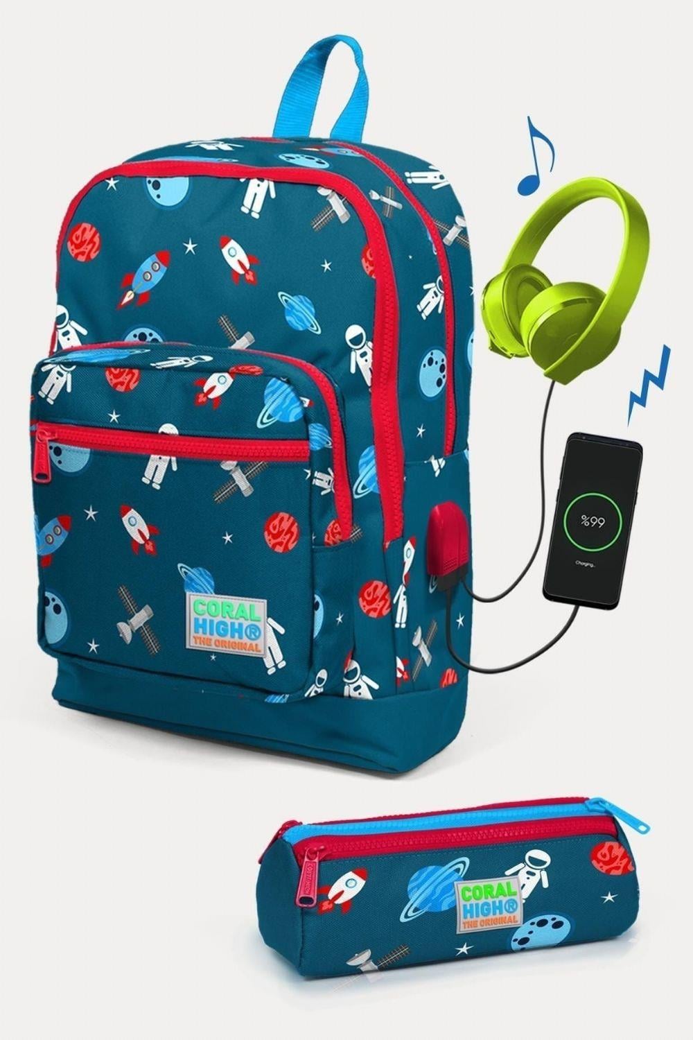 Coral High Uzay Desenli USB'li 2'li Erkek Çocuk Okul Çanta Seti