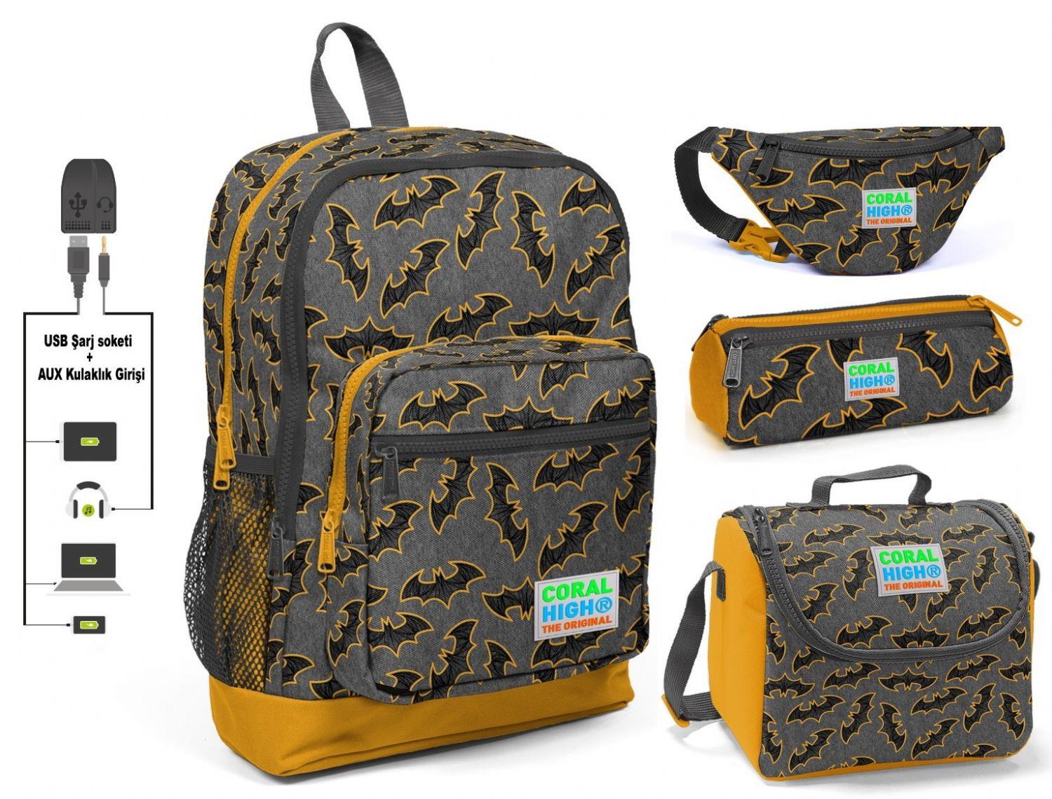 Coral High Yarasa Baskılı 4'lü Erkek Çocuk İlkokul Çanta Seti - USB Soketli
