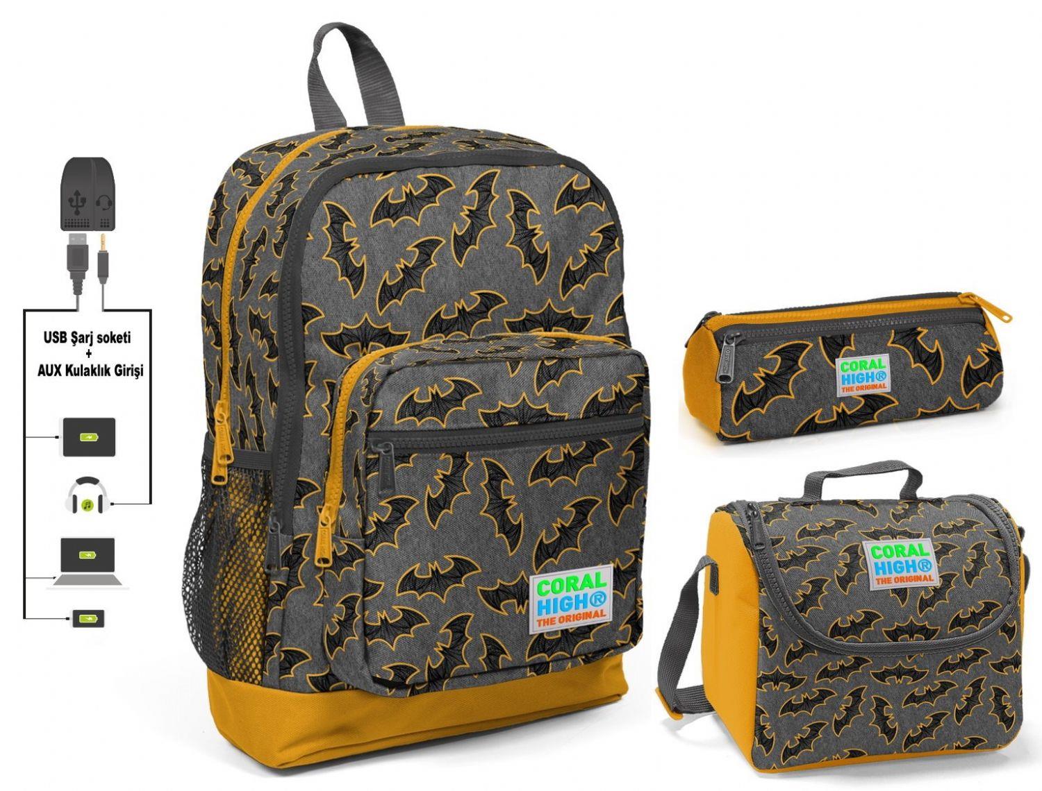 Coral High Yarasa Baskılı Erkek Çocuk İlkokul Çanta Seti - USB Çıkışlı
