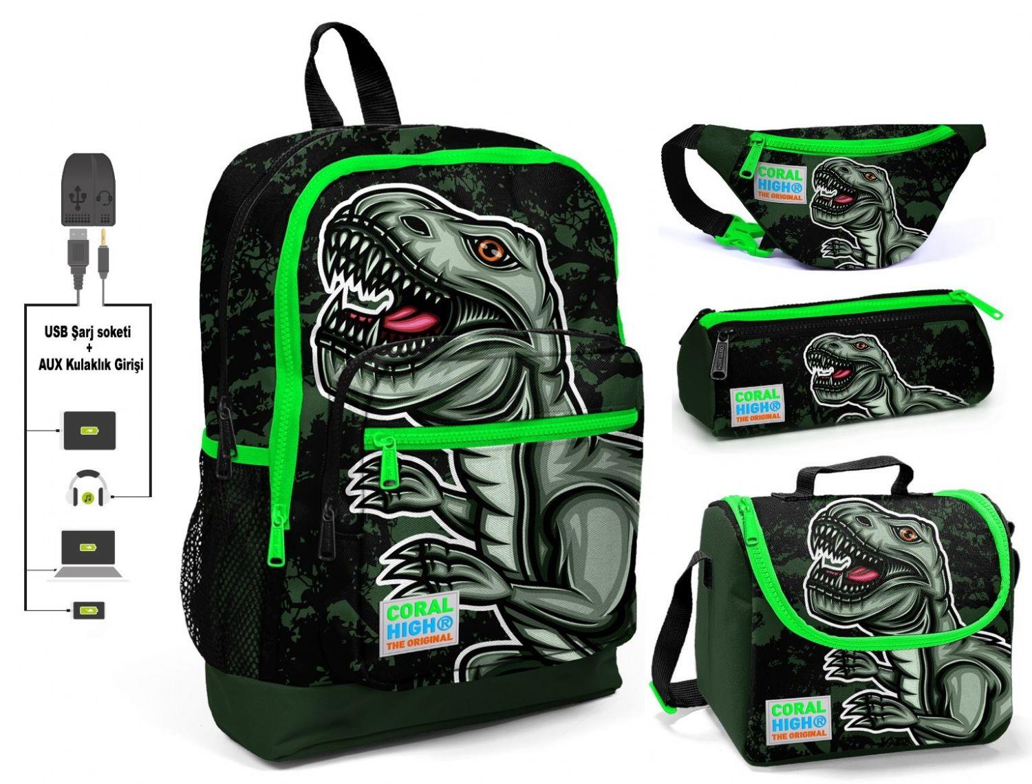 Coral High Yeşil Dinazor Baskılı 4'lü Erkek Çocuk İlkokul Çanta Seti - USB Soketli