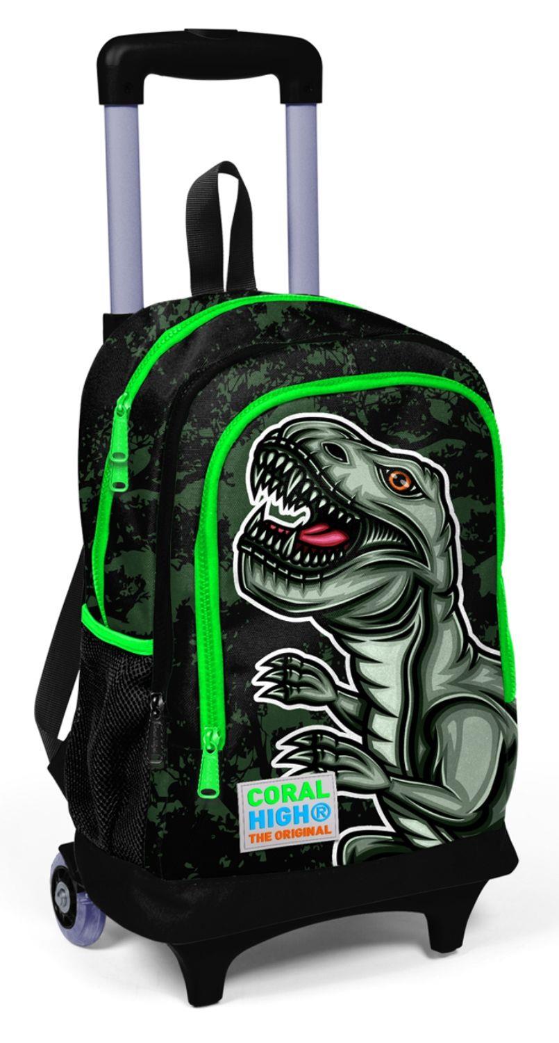 Coral High Yeşil Dinazor Baskılı Işıklı Tekerlekli Çekçek Okul Çantası - Erkek Çocuk