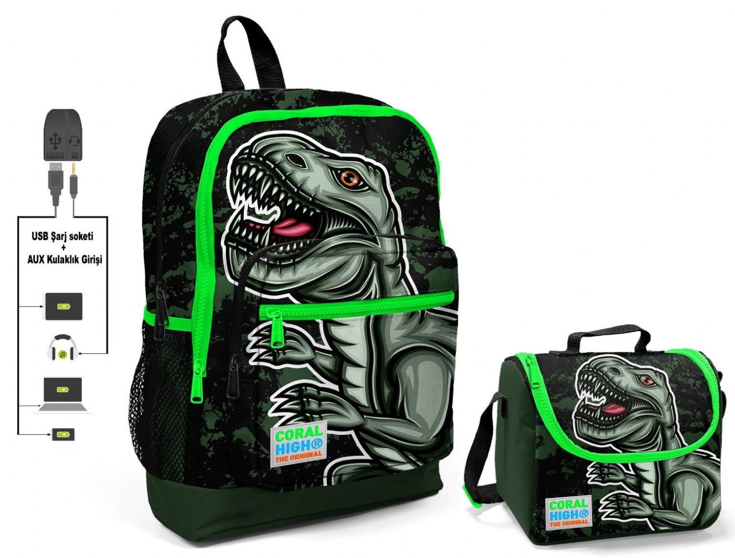 Coral High Yeşil Dinazor Baskılı Okul Çantası ve Beslenme Çantası Seti - USB Soketli