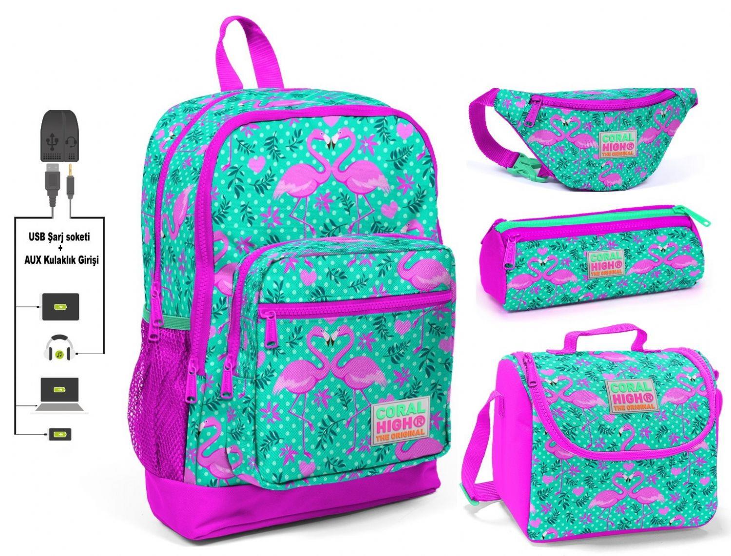 Coral High Yeşil Flamingo Baskılı 4'lü İlkokul Çanta Seti - USB Soketli - Kız Çocuk