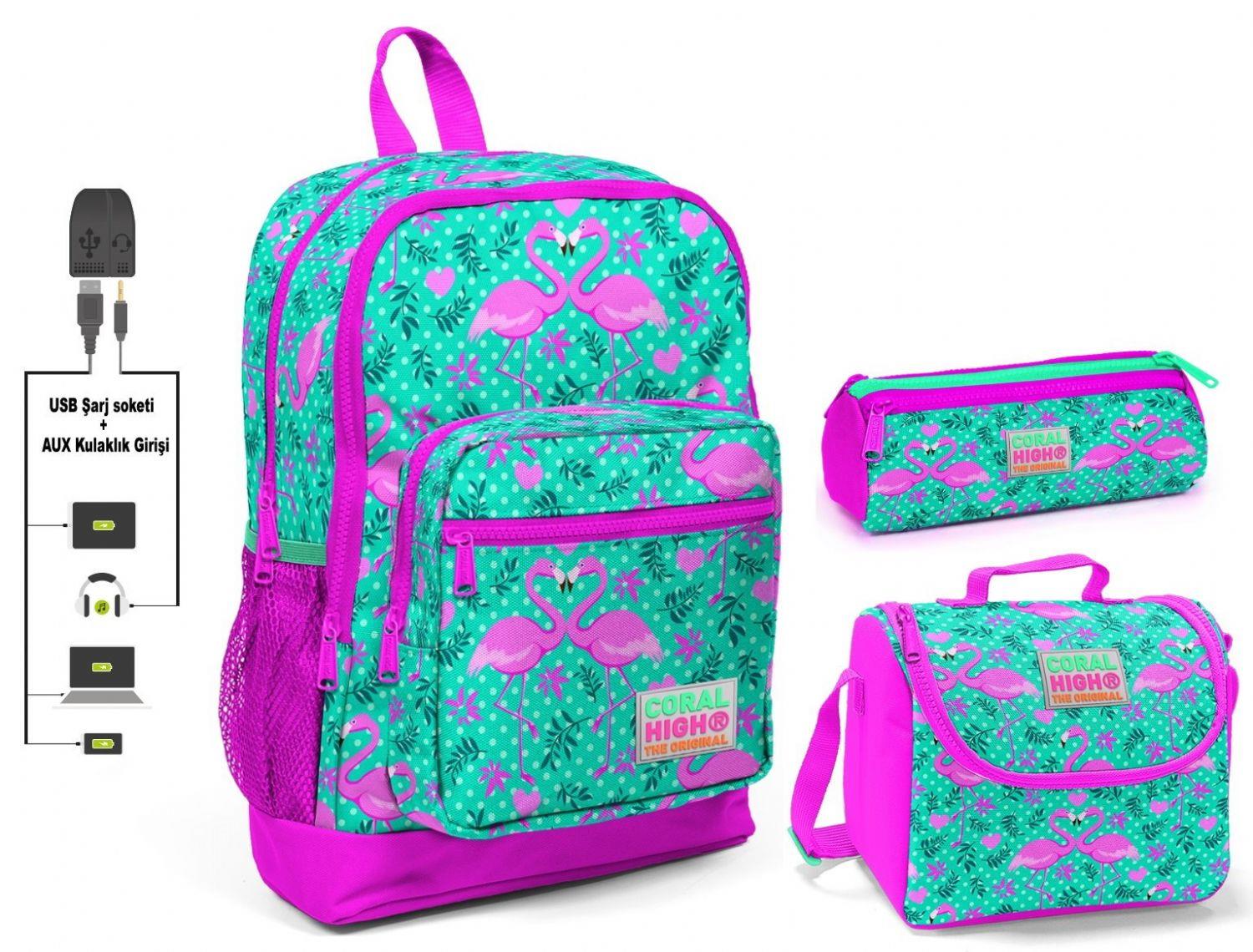 Coral High Yeşil Flamingo Baskılı Kız Çocuk İlkokul Çanta Seti - USB Çıkışlı