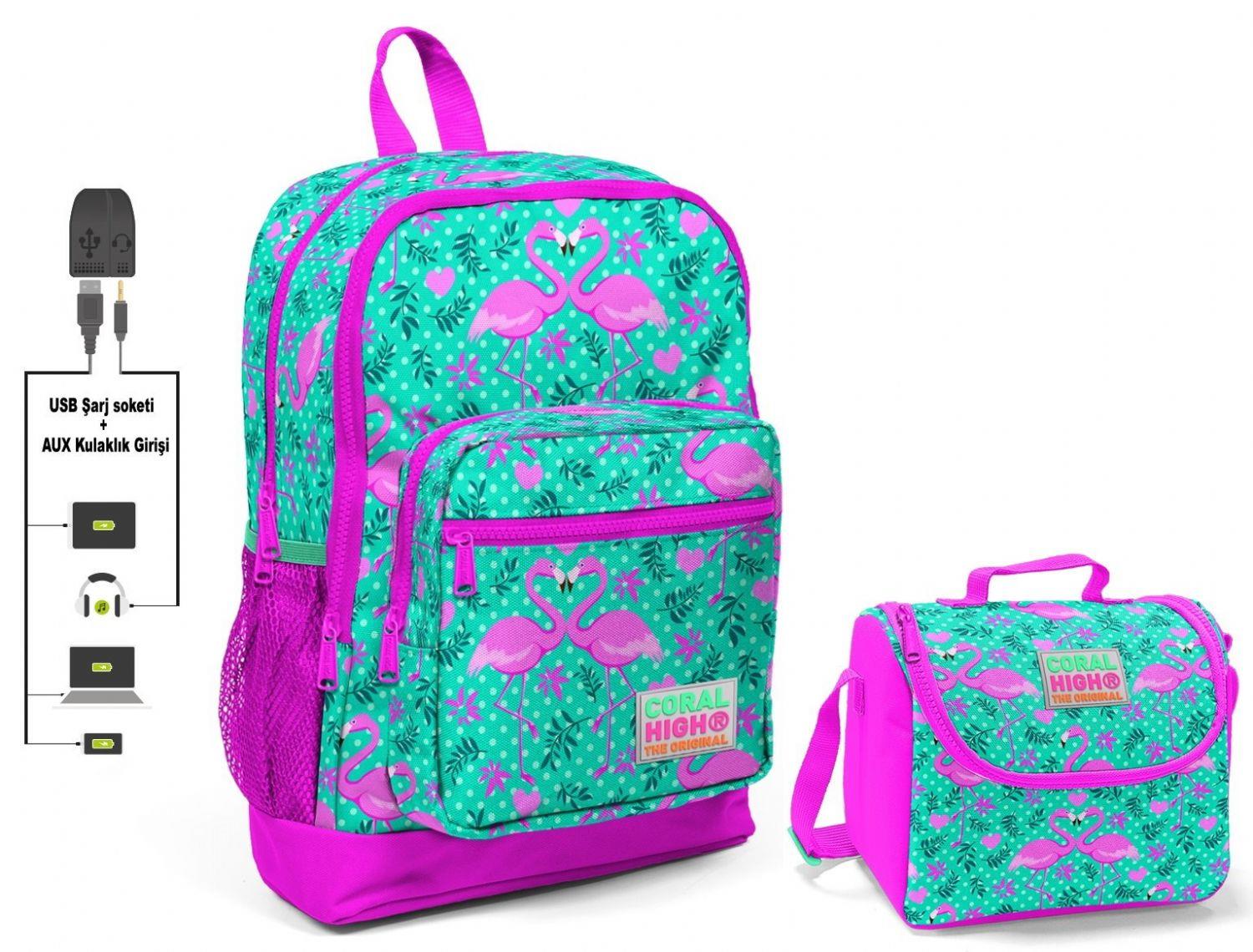 Coral High Yeşil Flamingo Baskılı Okul Çantası ve Beslenme Çantası Seti - USB Soketli - Kız Çocuk